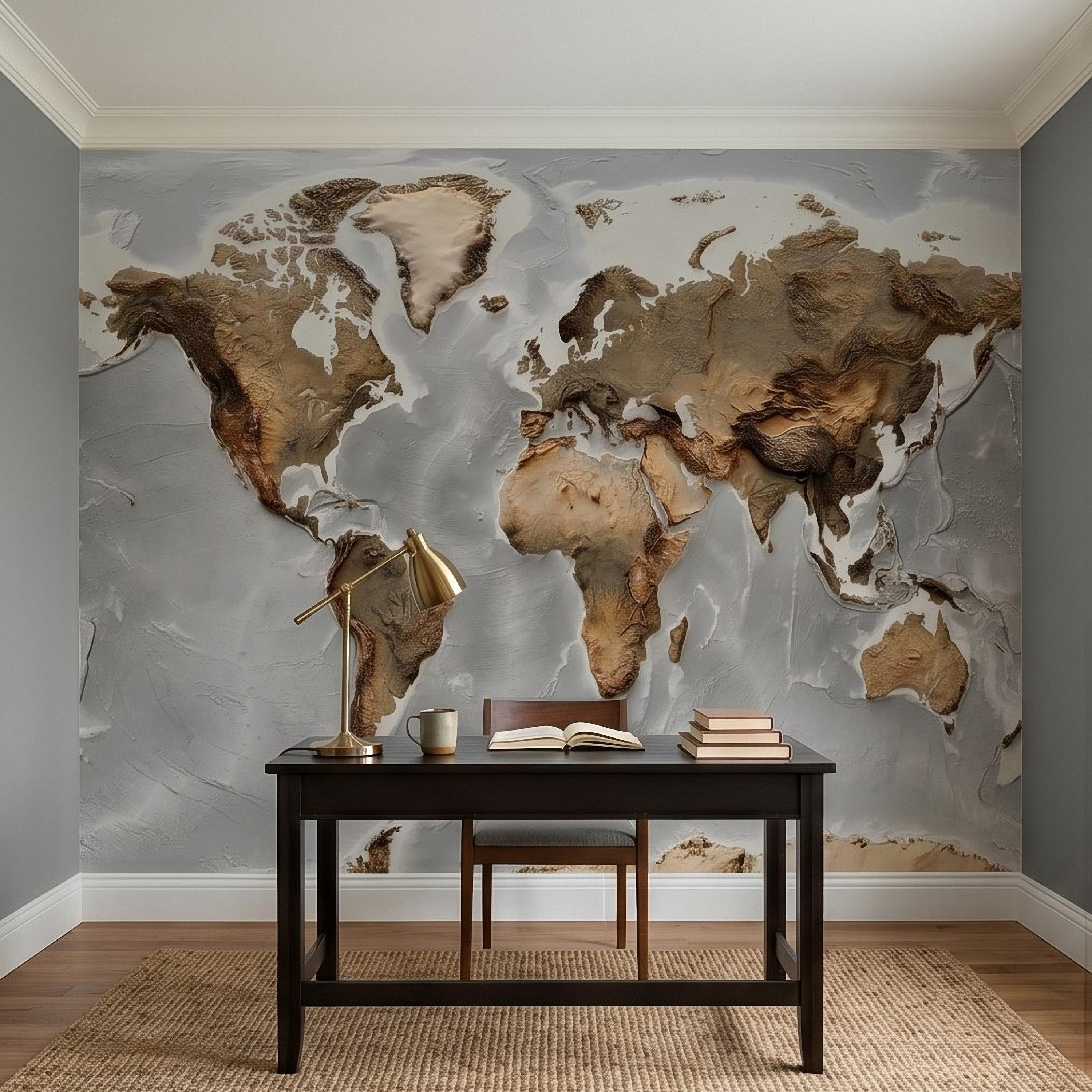 Textured World Map Peel and Stick Wall Mural, Detailed Earth Continents Relief, Neutral Beige Global Map, Plaster Effect Wallpaper