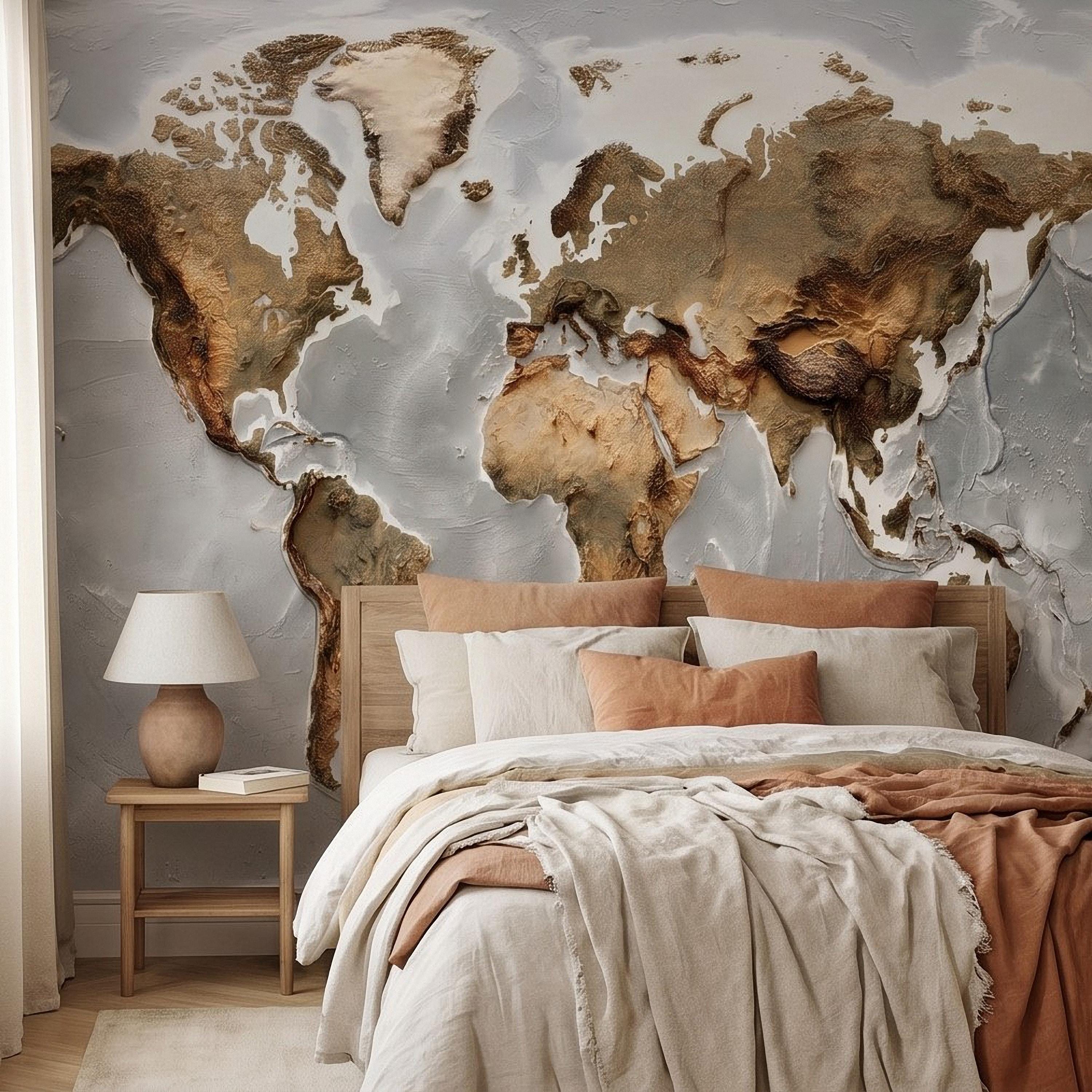 Textured World Map Peel and Stick Wall Mural, Detailed Earth Continents Relief, Neutral Beige Global Map, Plaster Effect Wallpaper