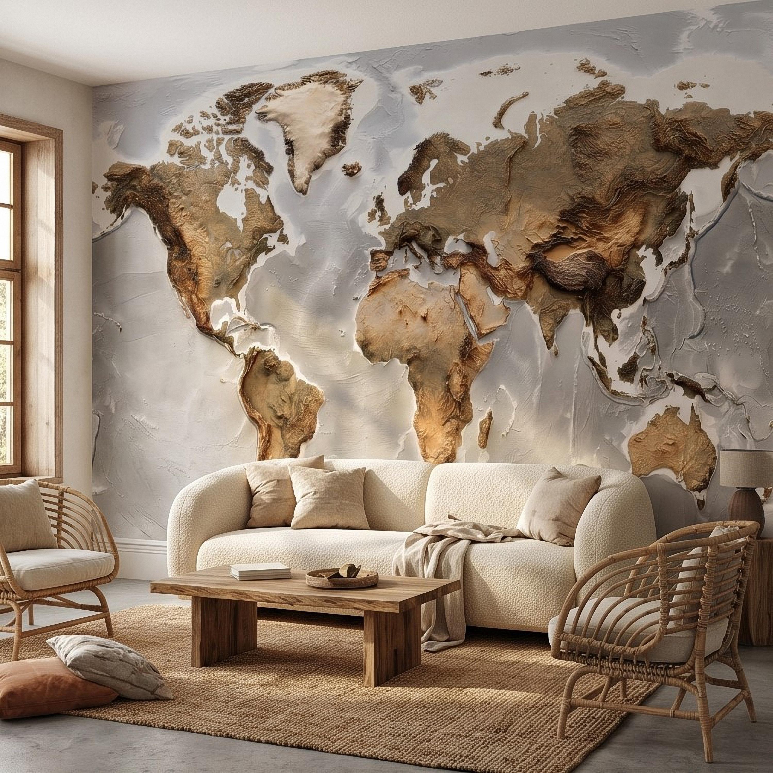 Textured World Map Peel and Stick Wall Mural, Detailed Earth Continents Relief, Neutral Beige Global Map, Plaster Effect Wallpaper