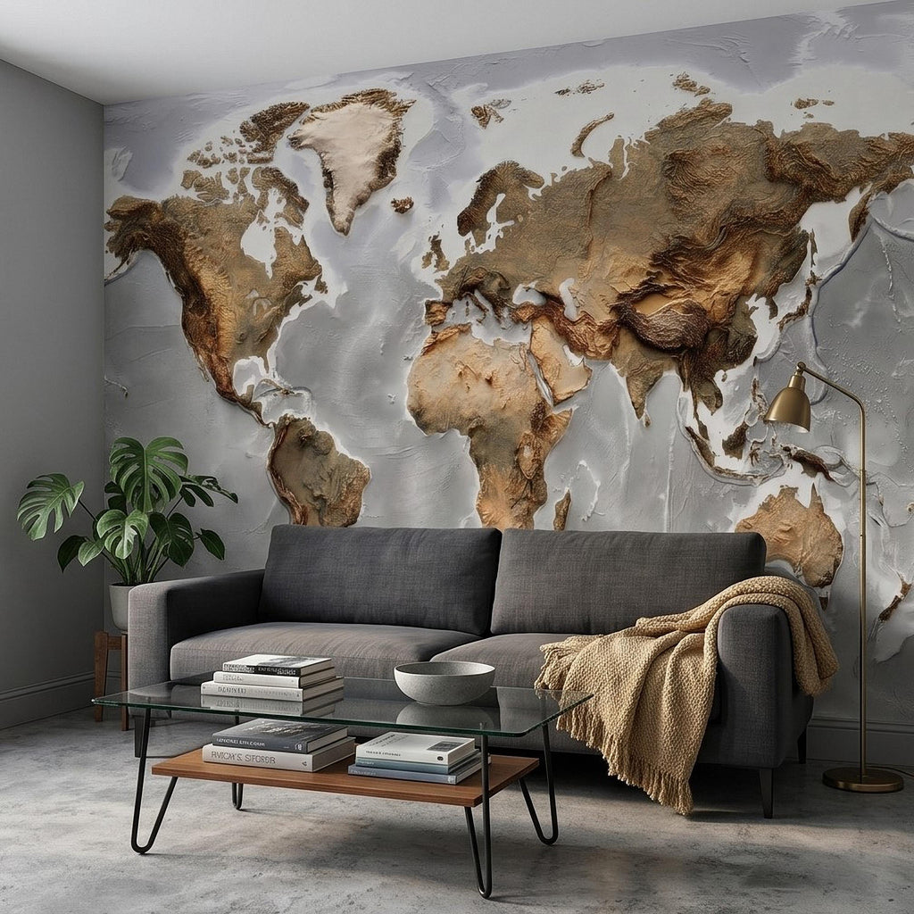 Textured World Map Peel and Stick Wall Mural, Detailed Earth Continents Relief, Neutral Beige Global Map, Plaster Effect Wallpaper
