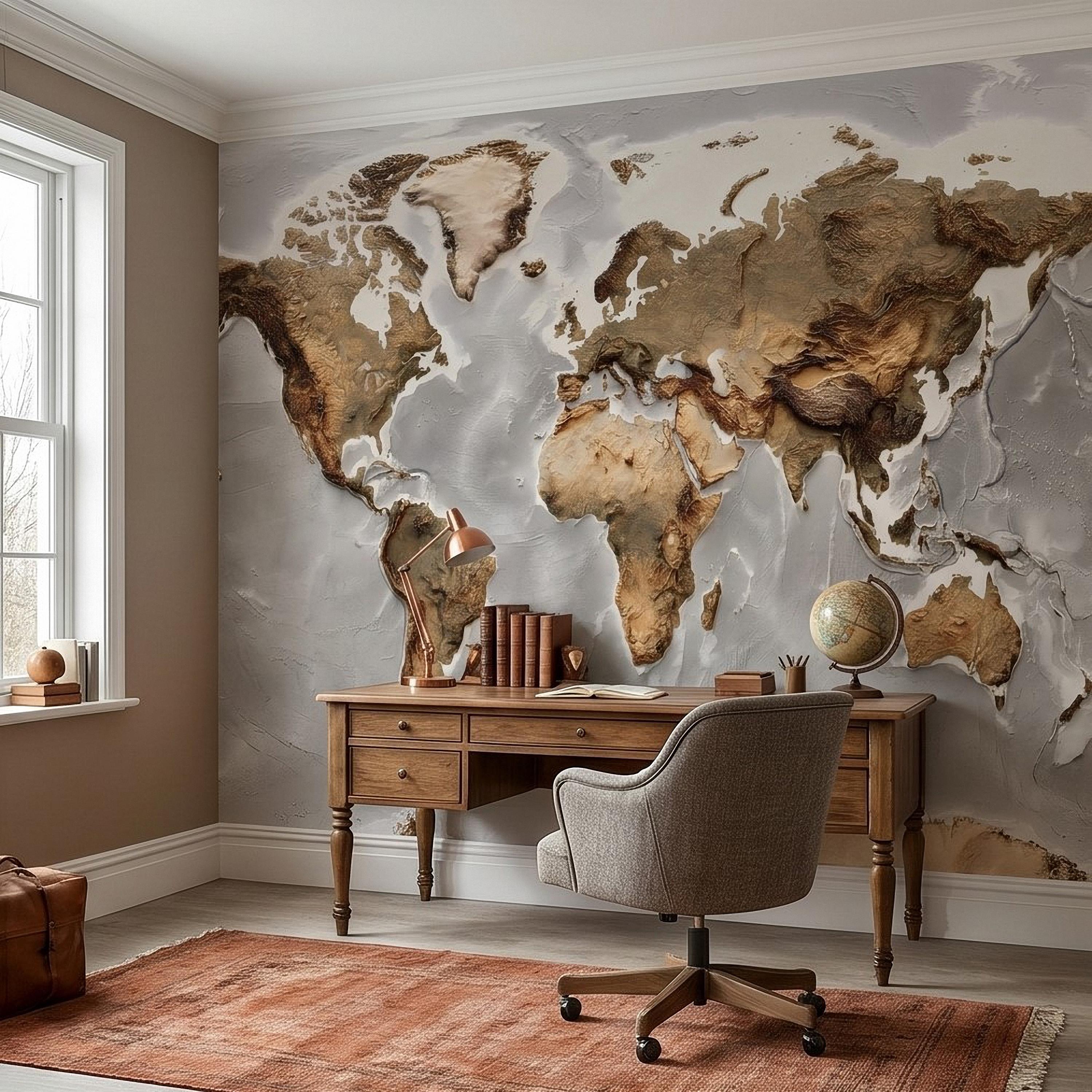 Textured World Map Peel and Stick Wall Mural, Detailed Earth Continents Relief, Neutral Beige Global Map, Plaster Effect Wallpaper
