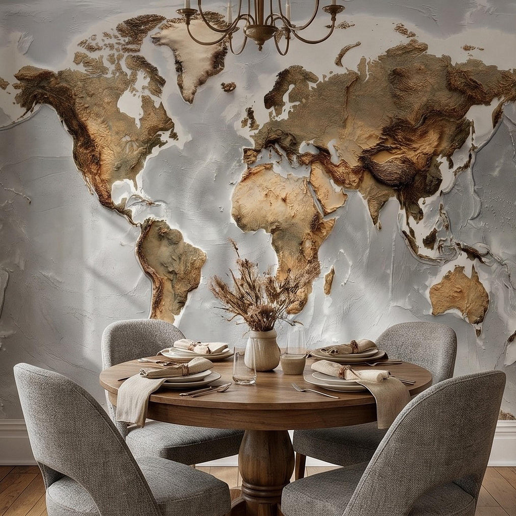 Textured World Map Peel and Stick Wall Mural, Detailed Earth Continents Relief, Neutral Beige Global Map, Plaster Effect Wallpaper