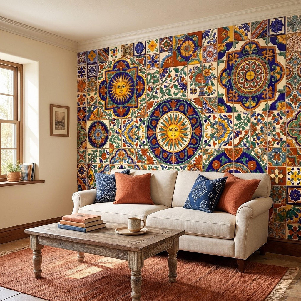Mexican Talavera Ceramic Tiles Peel and Stick Wall Mural, Vibrant Hacienda Tile Pattern, Hand Painted Ceramic Wallpaper