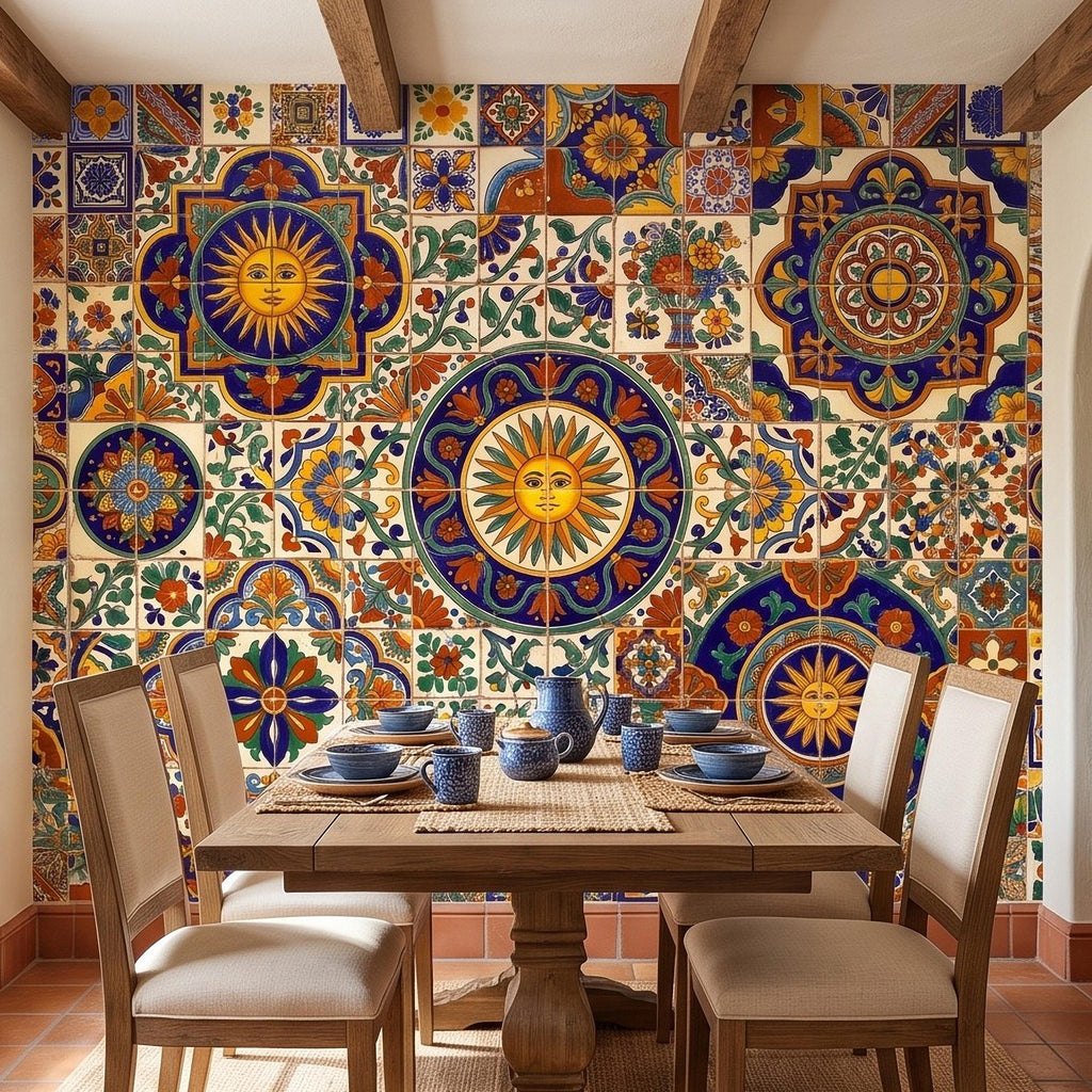 Mexican Talavera Ceramic Tiles Peel and Stick Wall Mural, Vibrant Hacienda Tile Pattern, Hand Painted Ceramic Wallpaper