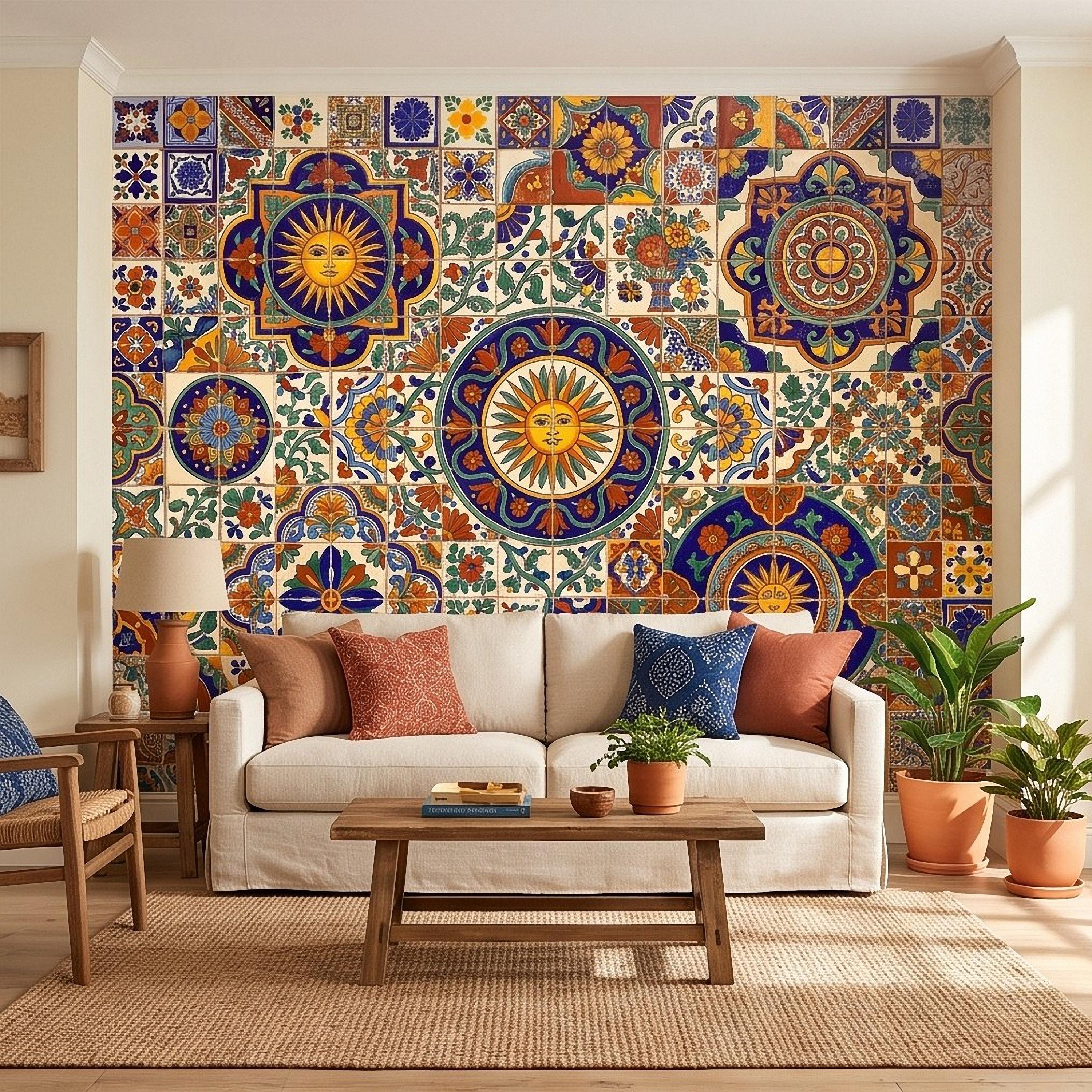 Mexican Talavera Ceramic Tiles Peel and Stick Wall Mural, Vibrant Hacienda Tile Pattern, Hand Painted Ceramic Wallpaper