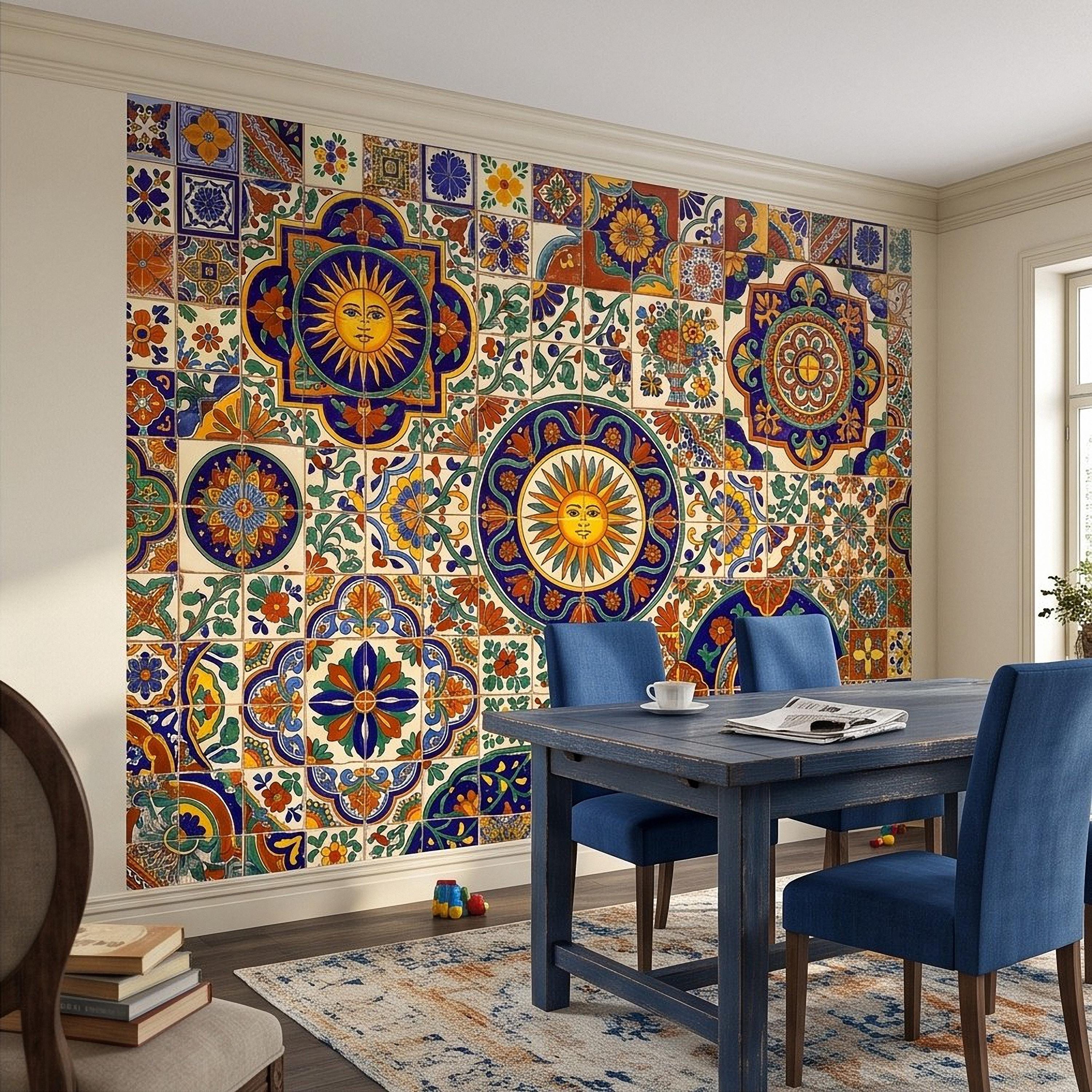 Mexican Talavera Ceramic Tiles Peel and Stick Wall Mural, Vibrant Hacienda Tile Pattern, Hand Painted Ceramic Wallpaper