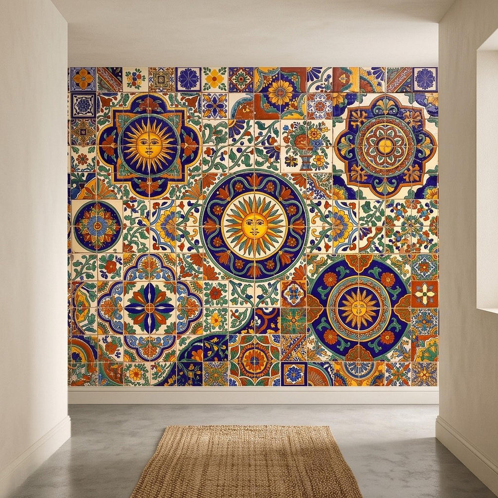 Mexican Talavera Ceramic Tiles Peel and Stick Wall Mural, Vibrant Hacienda Tile Pattern, Hand Painted Ceramic Wallpaper