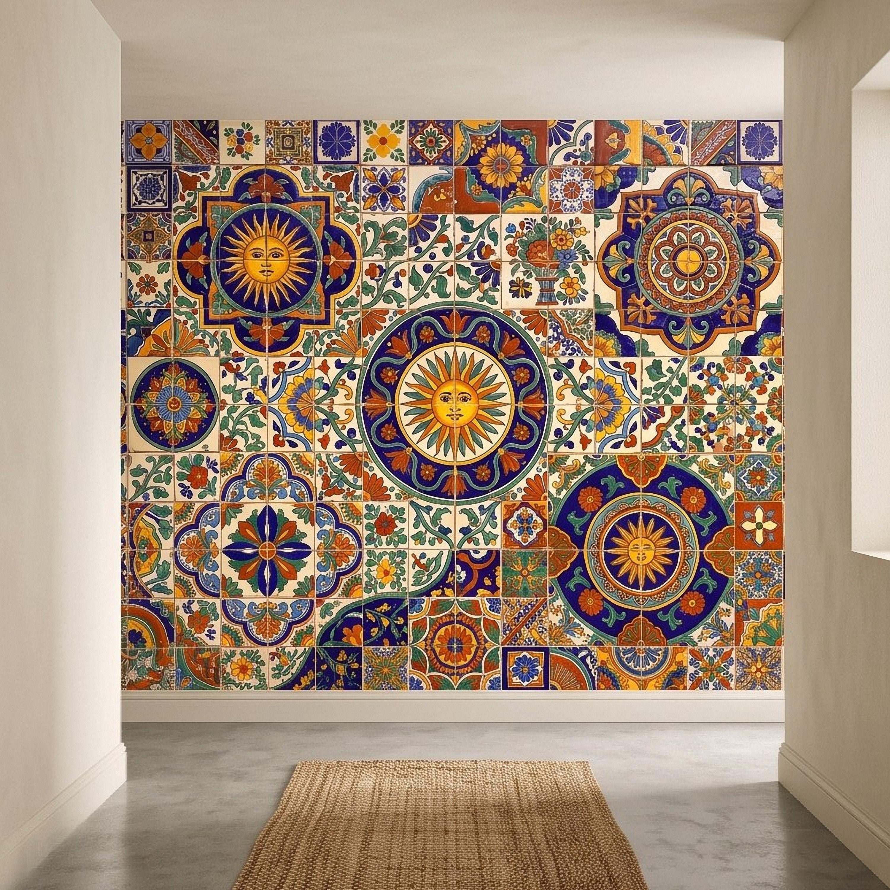 Mexican Talavera Ceramic Tiles Peel and Stick Wall Mural, Vibrant Hacienda Tile Pattern, Hand Painted Ceramic Wallpaper