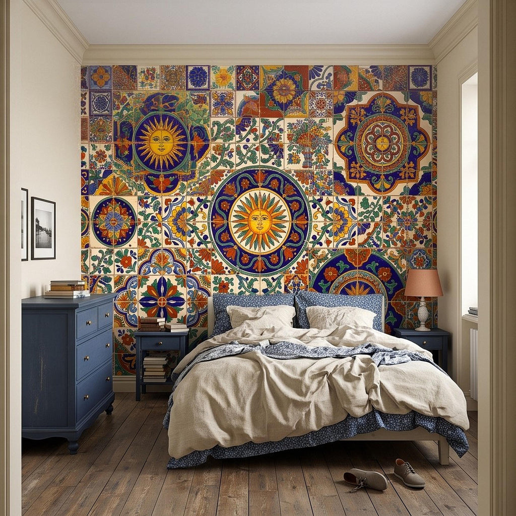 Mexican Talavera Ceramic Tiles Peel and Stick Wall Mural, Vibrant Hacienda Tile Pattern, Hand Painted Ceramic Wallpaper