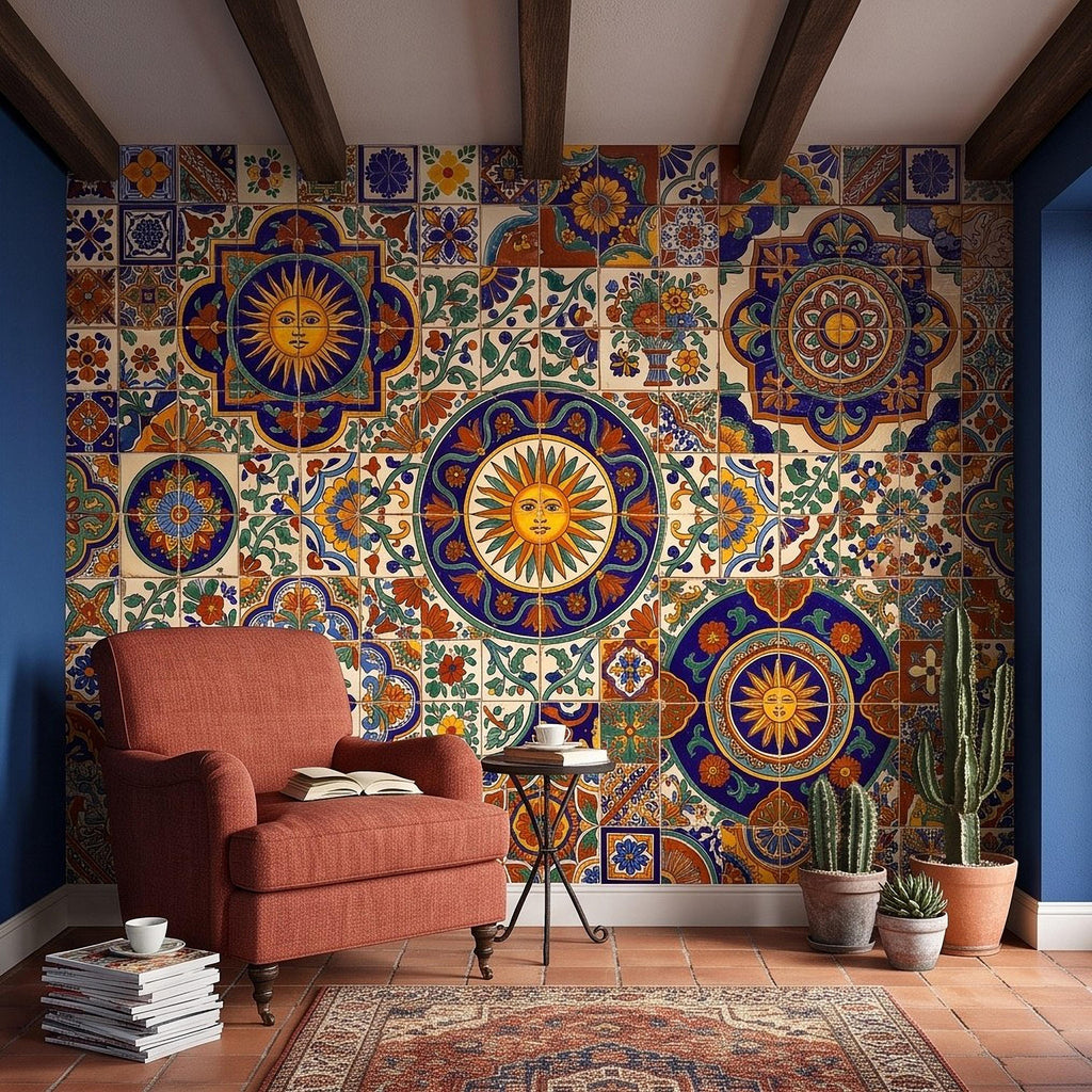 Mexican Talavera Ceramic Tiles Peel and Stick Wall Mural, Vibrant Hacienda Tile Pattern, Hand Painted Ceramic Wallpaper