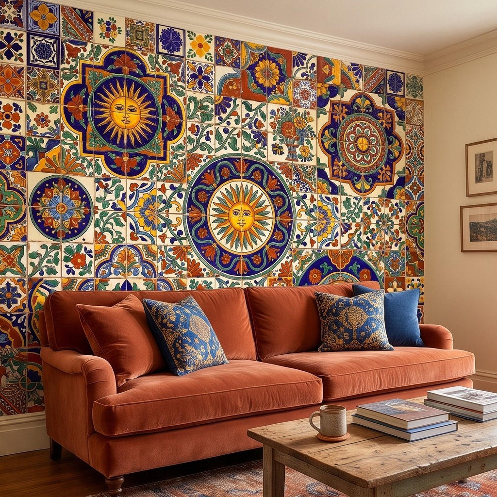 Mexican Talavera Ceramic Tiles Peel and Stick Wall Mural, Vibrant Hacienda Tile Pattern, Hand Painted Ceramic Wallpaper