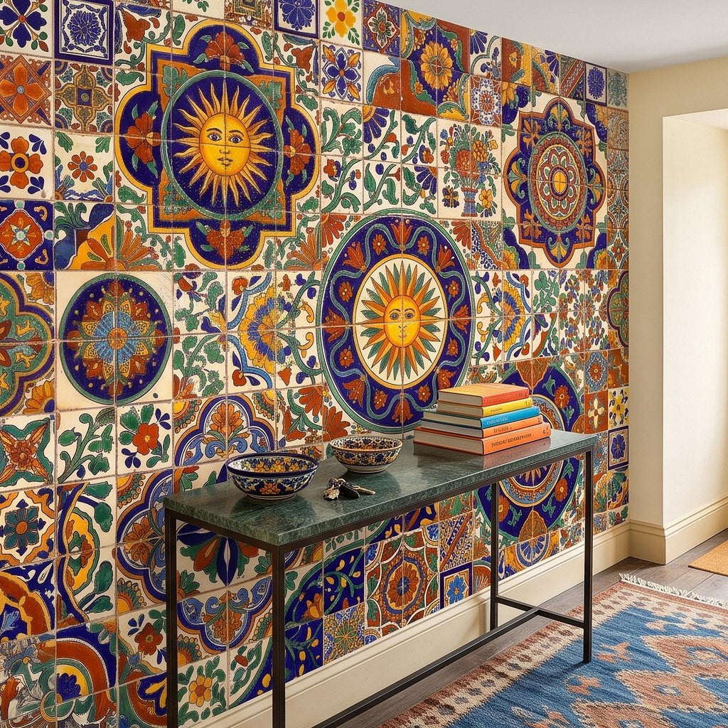 Mexican Talavera Ceramic Tiles Peel and Stick Wall Mural, Vibrant Hacienda Tile Pattern, Hand Painted Ceramic Wallpaper