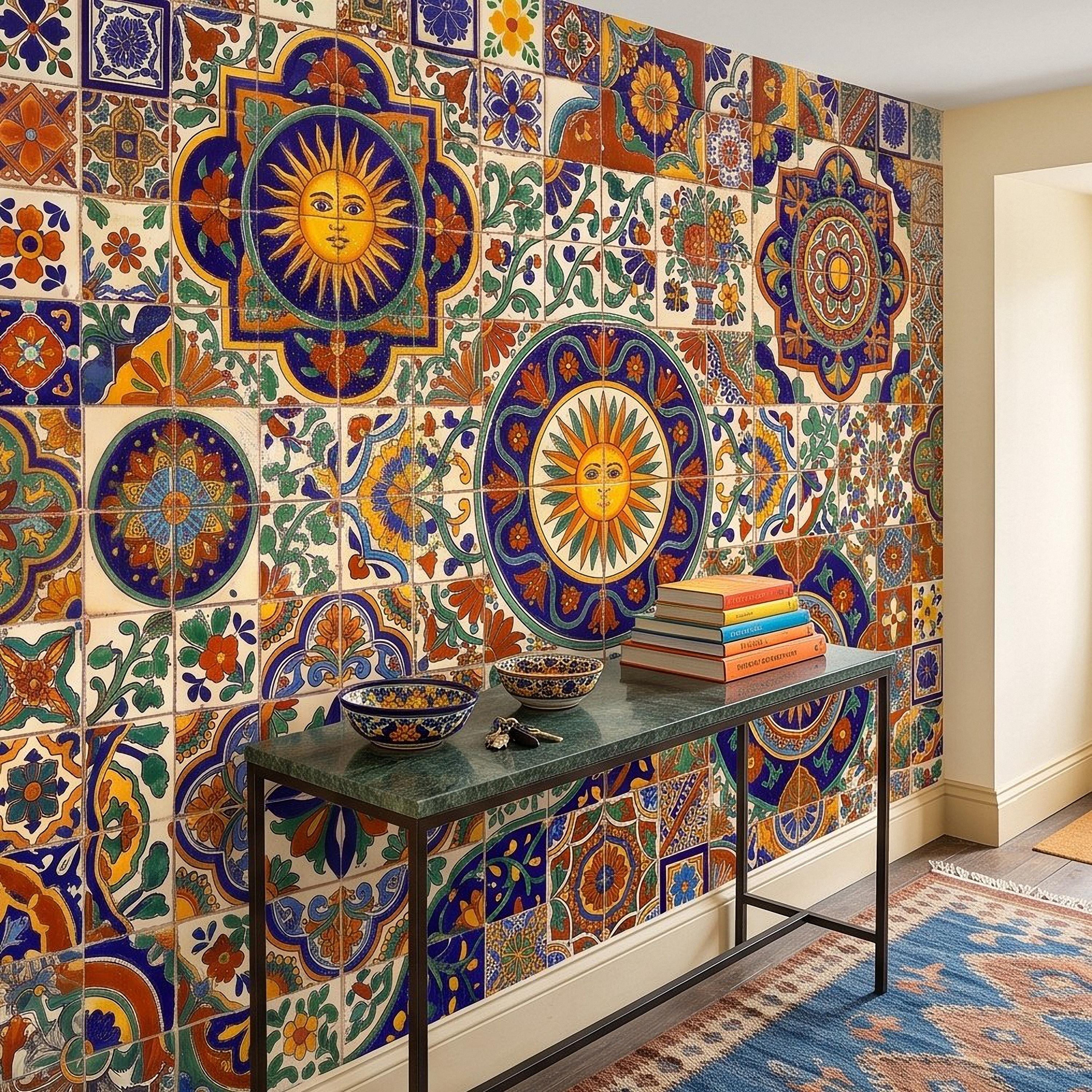 Mexican Talavera Ceramic Tiles Peel and Stick Wall Mural, Vibrant Hacienda Tile Pattern, Hand Painted Ceramic Wallpaper