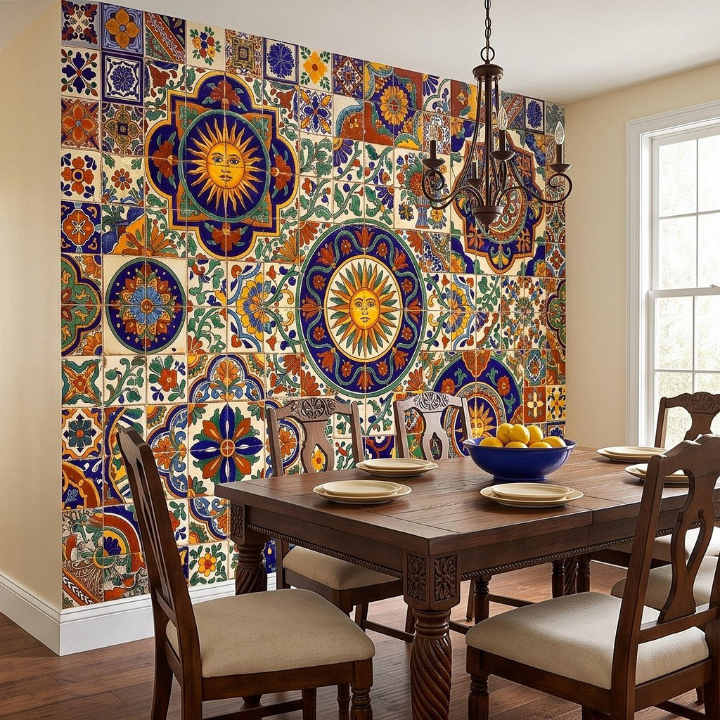 Mexican Talavera Ceramic Tiles Peel and Stick Wall Mural, Vibrant Hacienda Tile Pattern, Hand Painted Ceramic Wallpaper