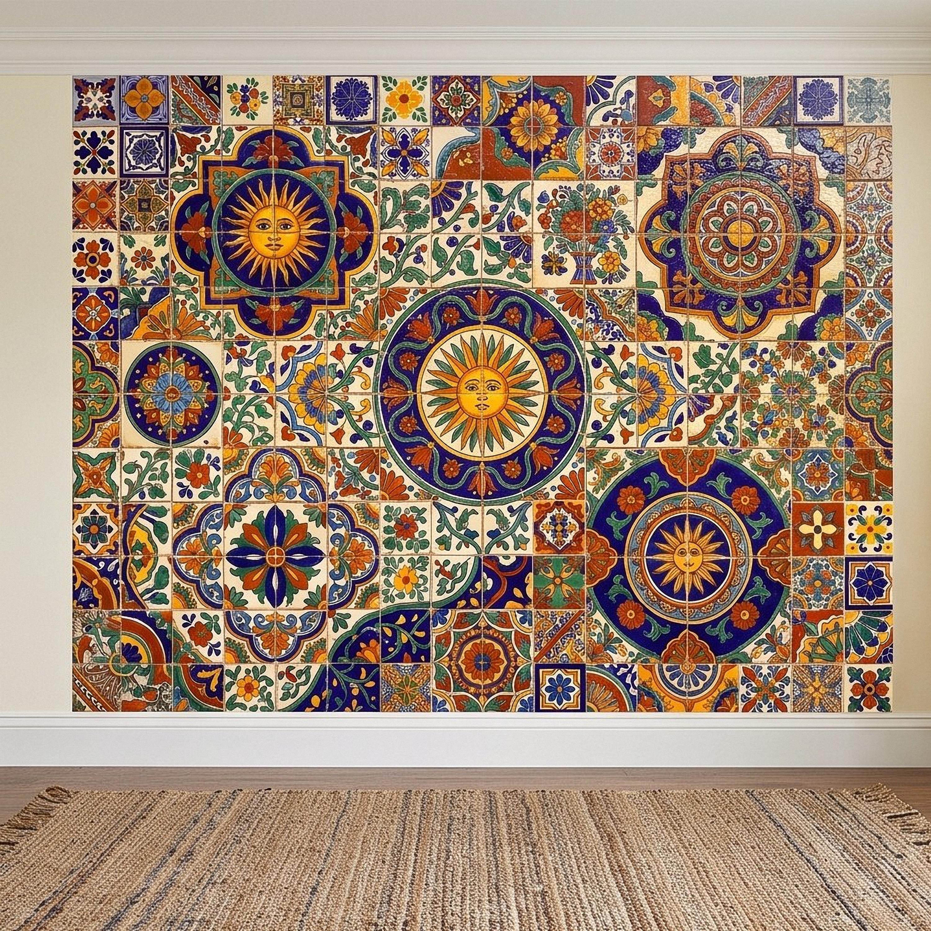 Mexican Talavera Ceramic Tiles Peel and Stick Wall Mural, Vibrant Hacienda Tile Pattern, Hand Painted Ceramic Wallpaper
