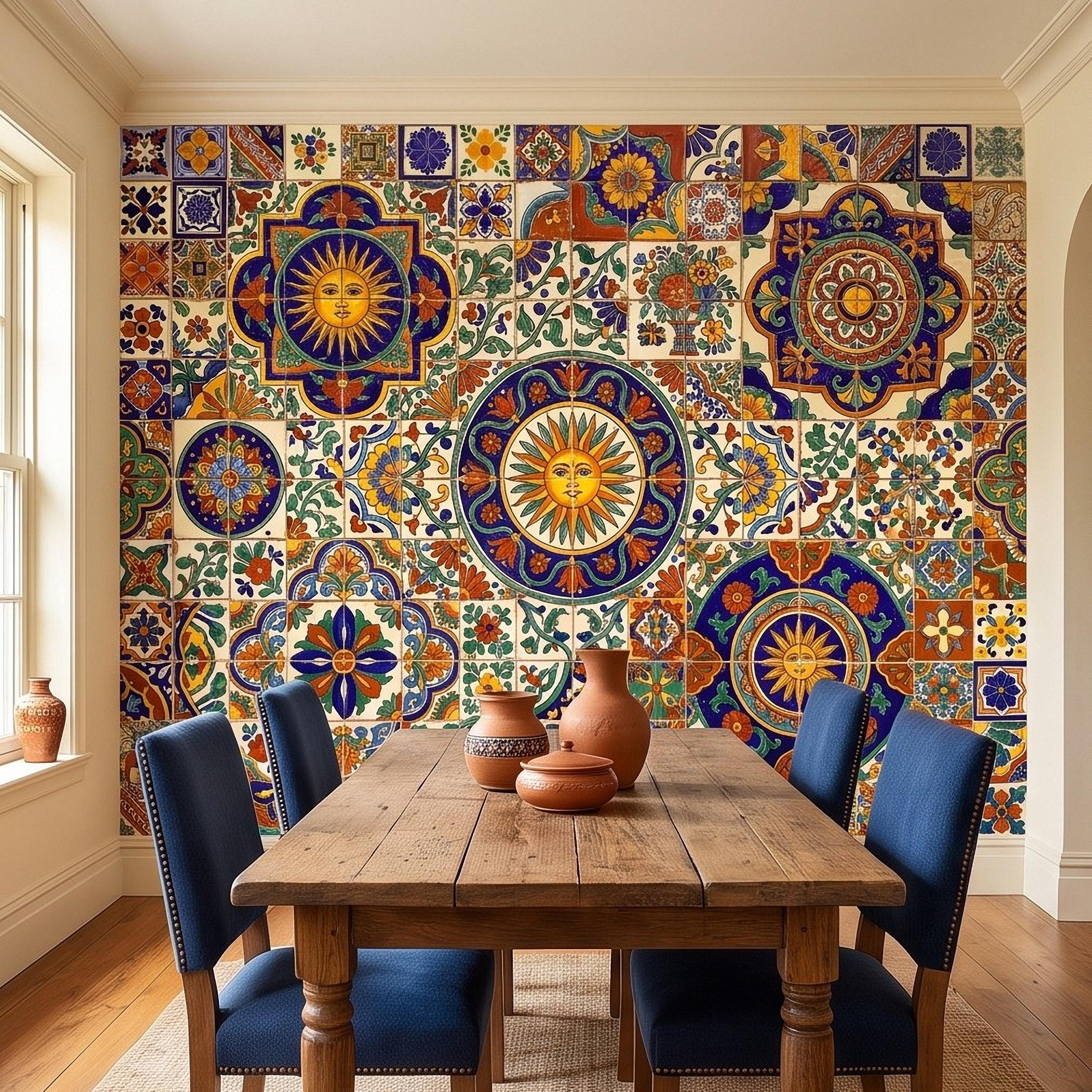 Mexican Talavera Ceramic Tiles Peel and Stick Wall Mural, Vibrant Hacienda Tile Pattern, Hand Painted Ceramic Wallpaper