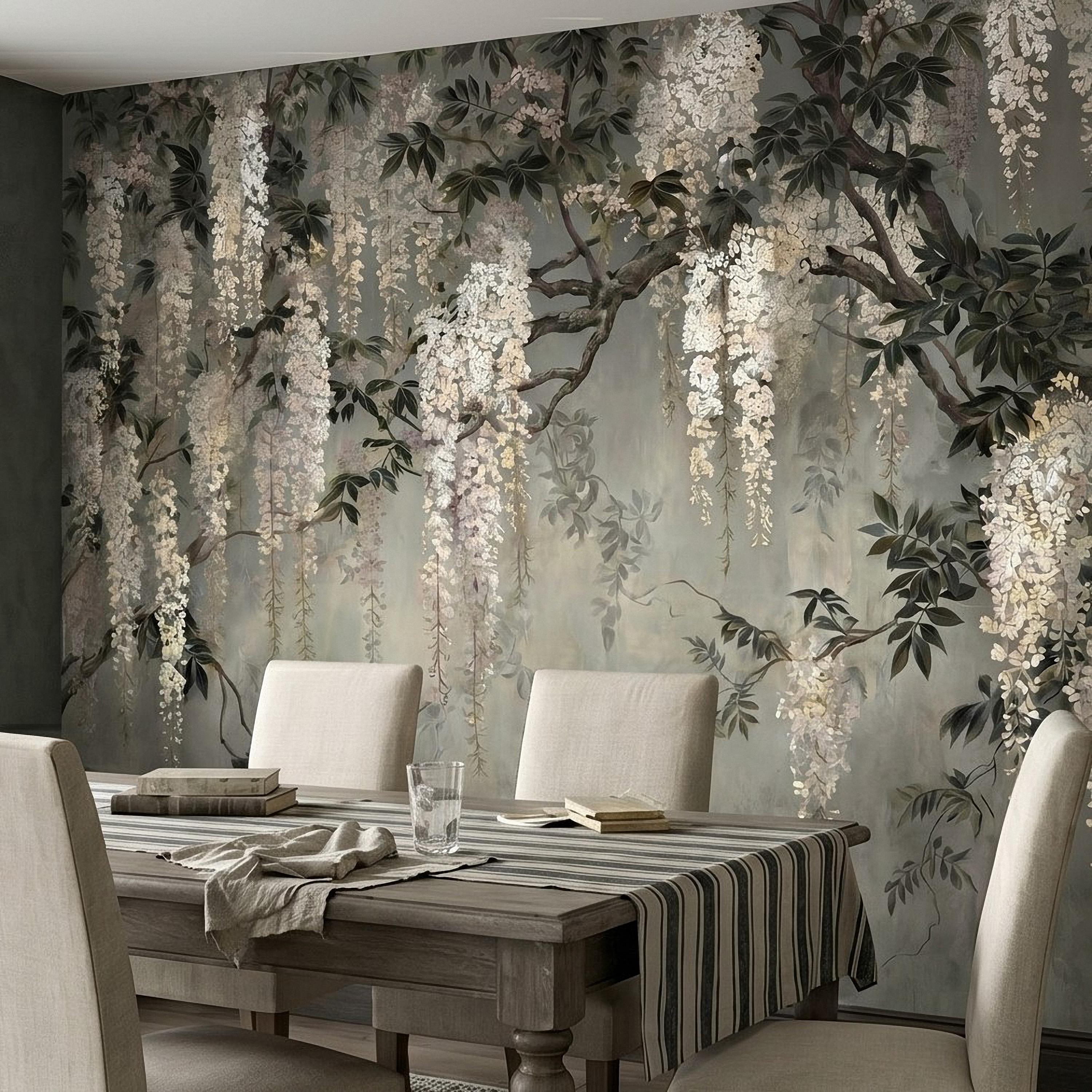 Vintage White Wisteria Peel and Stick Wall Mural, Cascading Floral Vine Branches, Botanical Garden Scene Elegant Wallpaper