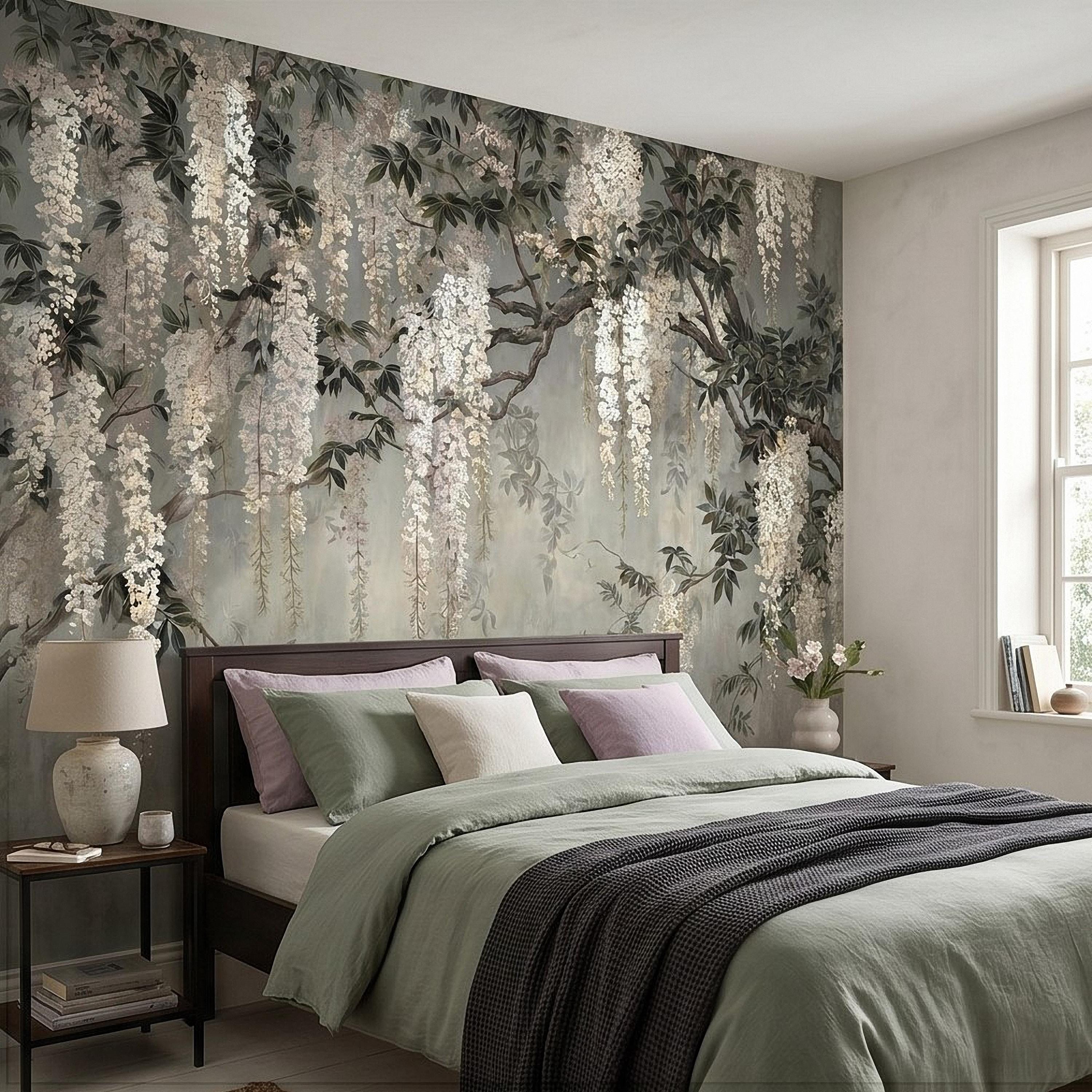 Vintage White Wisteria Peel and Stick Wall Mural, Cascading Floral Vine Branches, Botanical Garden Scene Elegant Wallpaper