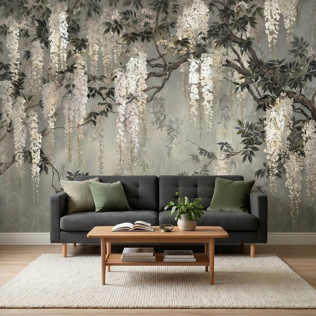 Vintage White Wisteria Peel and Stick Wall Mural, Cascading Floral Vine Branches, Botanical Garden Scene Elegant Wallpaper