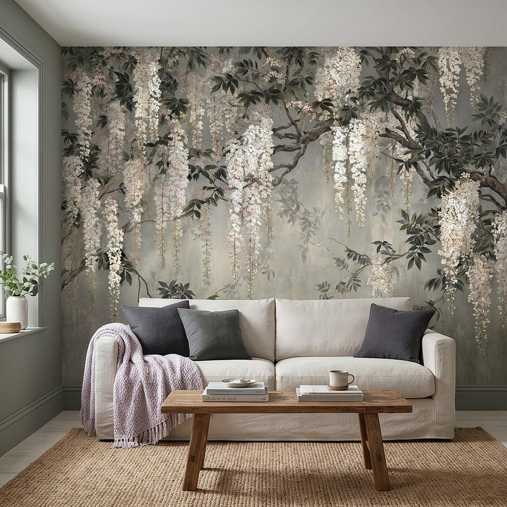 Vintage White Wisteria Peel and Stick Wall Mural, Cascading Floral Vine Branches, Botanical Garden Scene Elegant Wallpaper