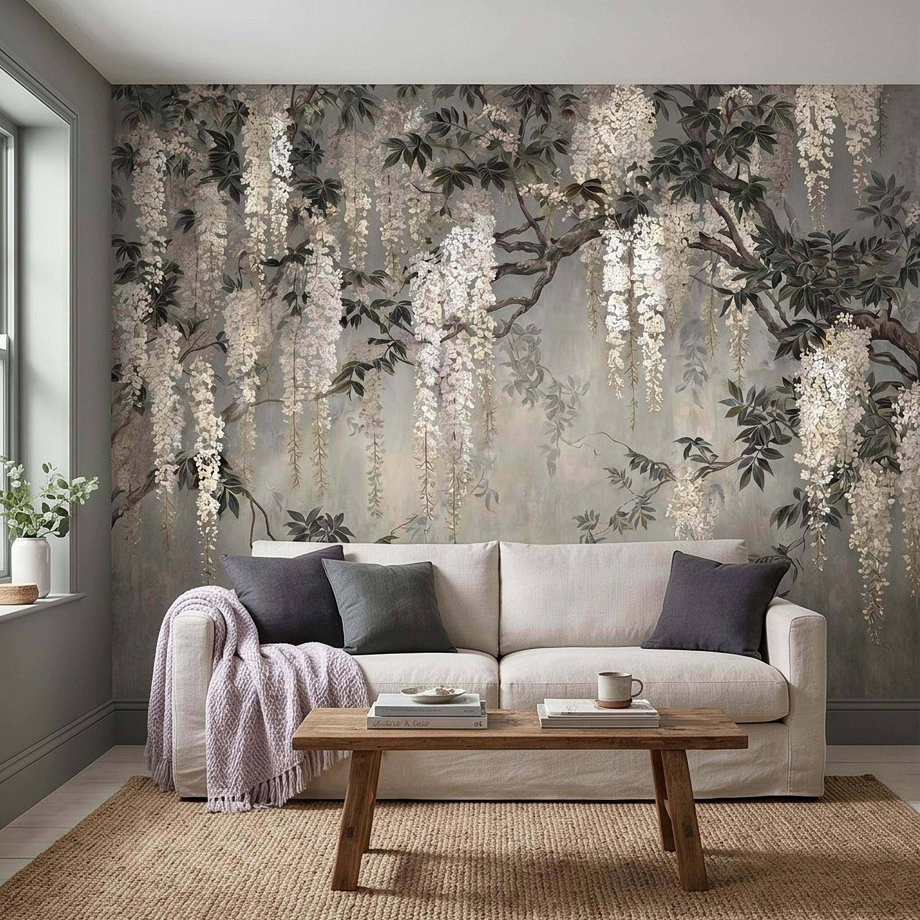 Vintage White Wisteria Peel and Stick Wall Mural, Cascading Floral Vine Branches, Botanical Garden Scene Elegant Wallpaper