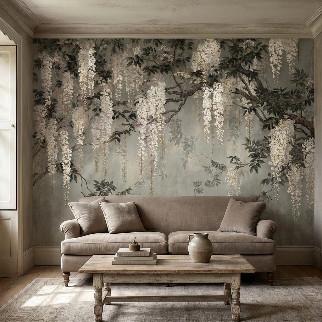 Vintage White Wisteria Peel and Stick Wall Mural, Cascading Floral Vine Branches, Botanical Garden Scene Elegant Wallpaper