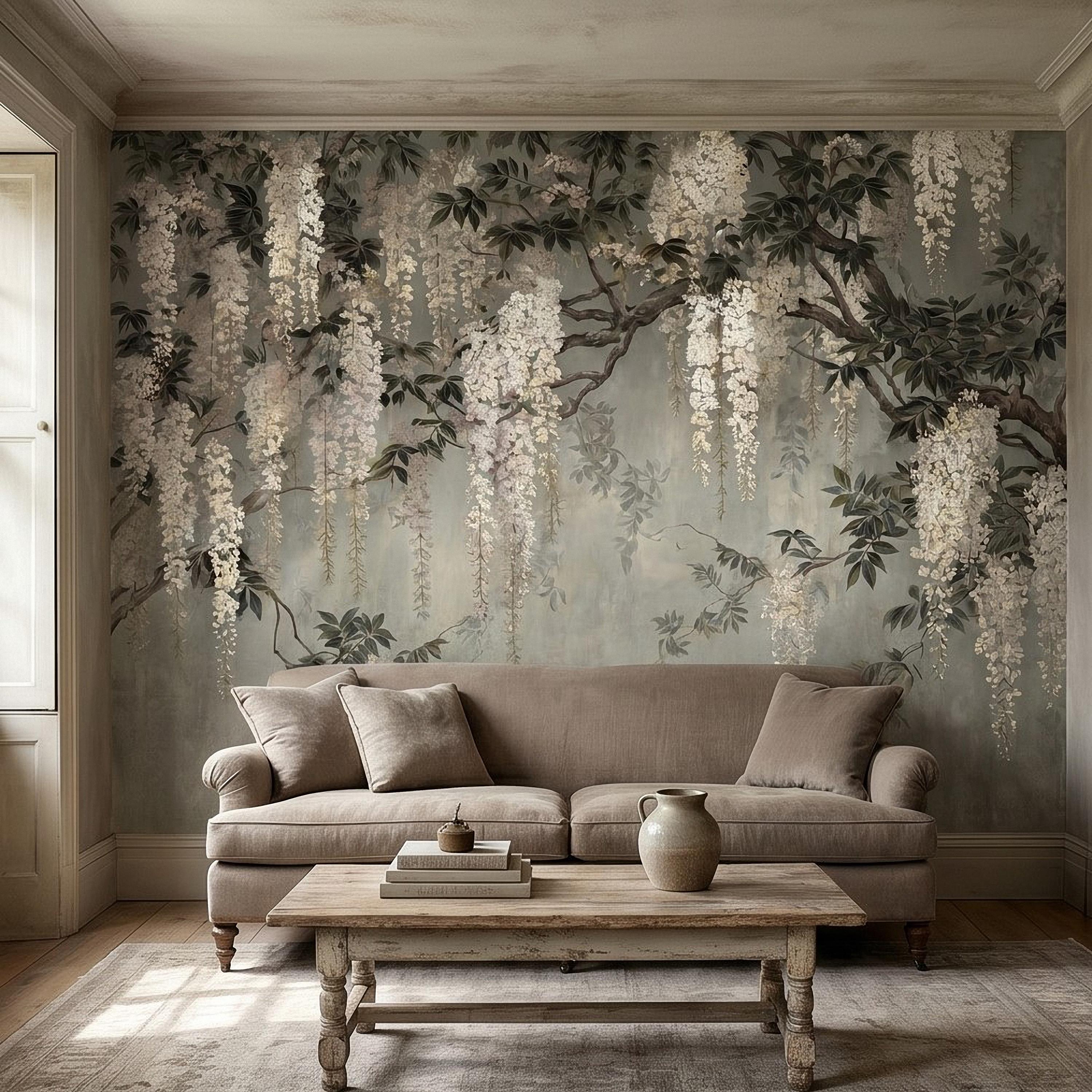 Vintage White Wisteria Peel and Stick Wall Mural, Cascading Floral Vine Branches, Botanical Garden Scene Elegant Wallpaper