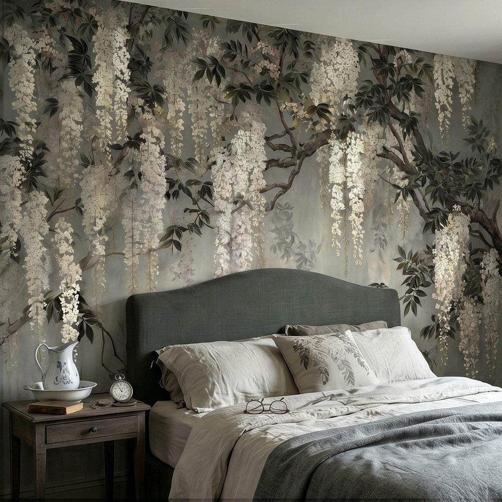 Vintage White Wisteria Peel and Stick Wall Mural, Cascading Floral Vine Branches, Botanical Garden Scene Elegant Wallpaper