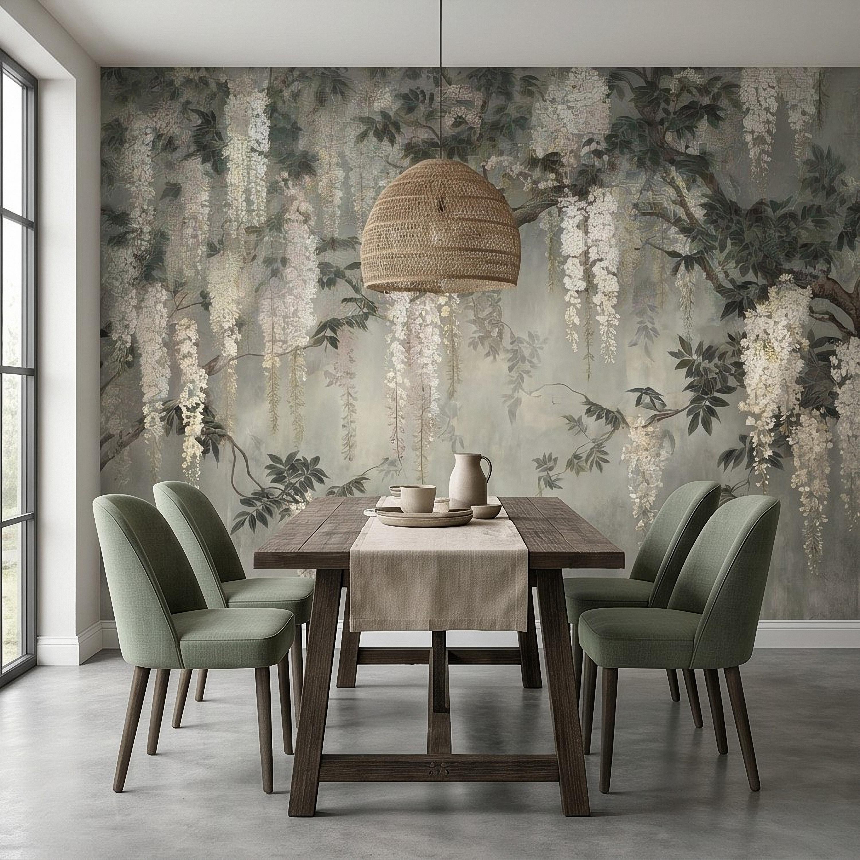 Vintage White Wisteria Peel and Stick Wall Mural, Cascading Floral Vine Branches, Botanical Garden Scene Elegant Wallpaper