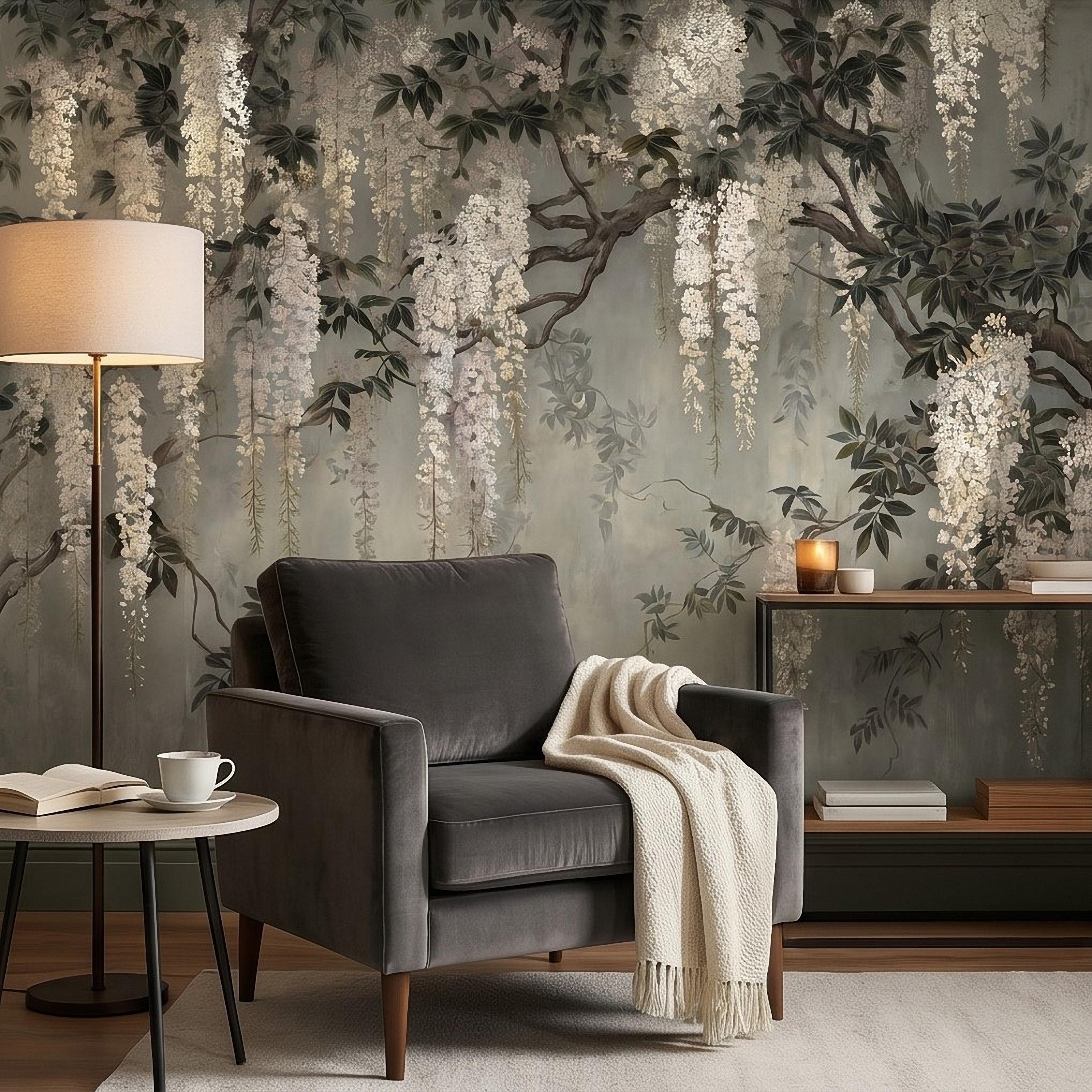 Vintage White Wisteria Peel and Stick Wall Mural, Cascading Floral Vine Branches, Botanical Garden Scene Elegant Wallpaper
