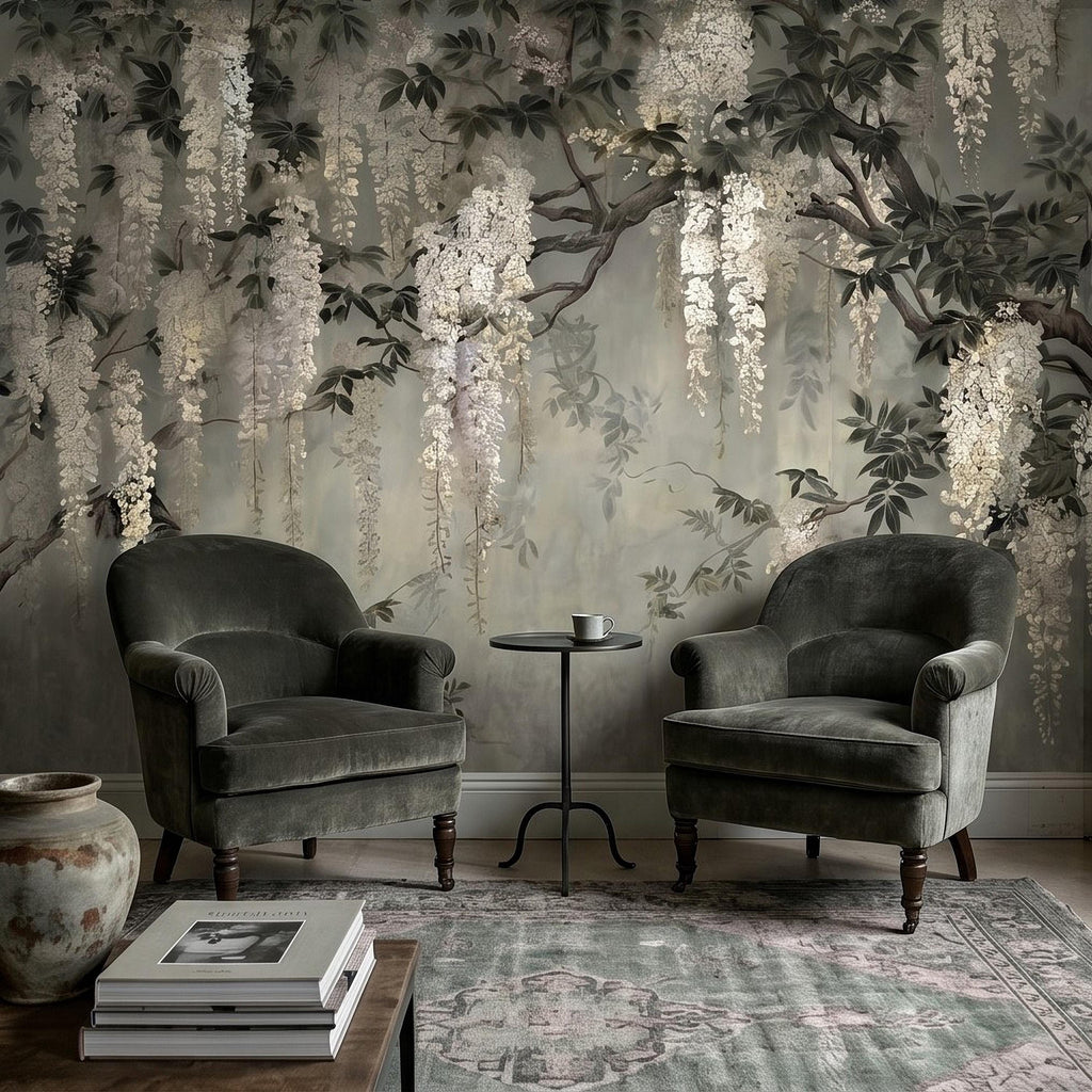 Vintage White Wisteria Peel and Stick Wall Mural, Cascading Floral Vine Branches, Botanical Garden Scene Elegant Wallpaper