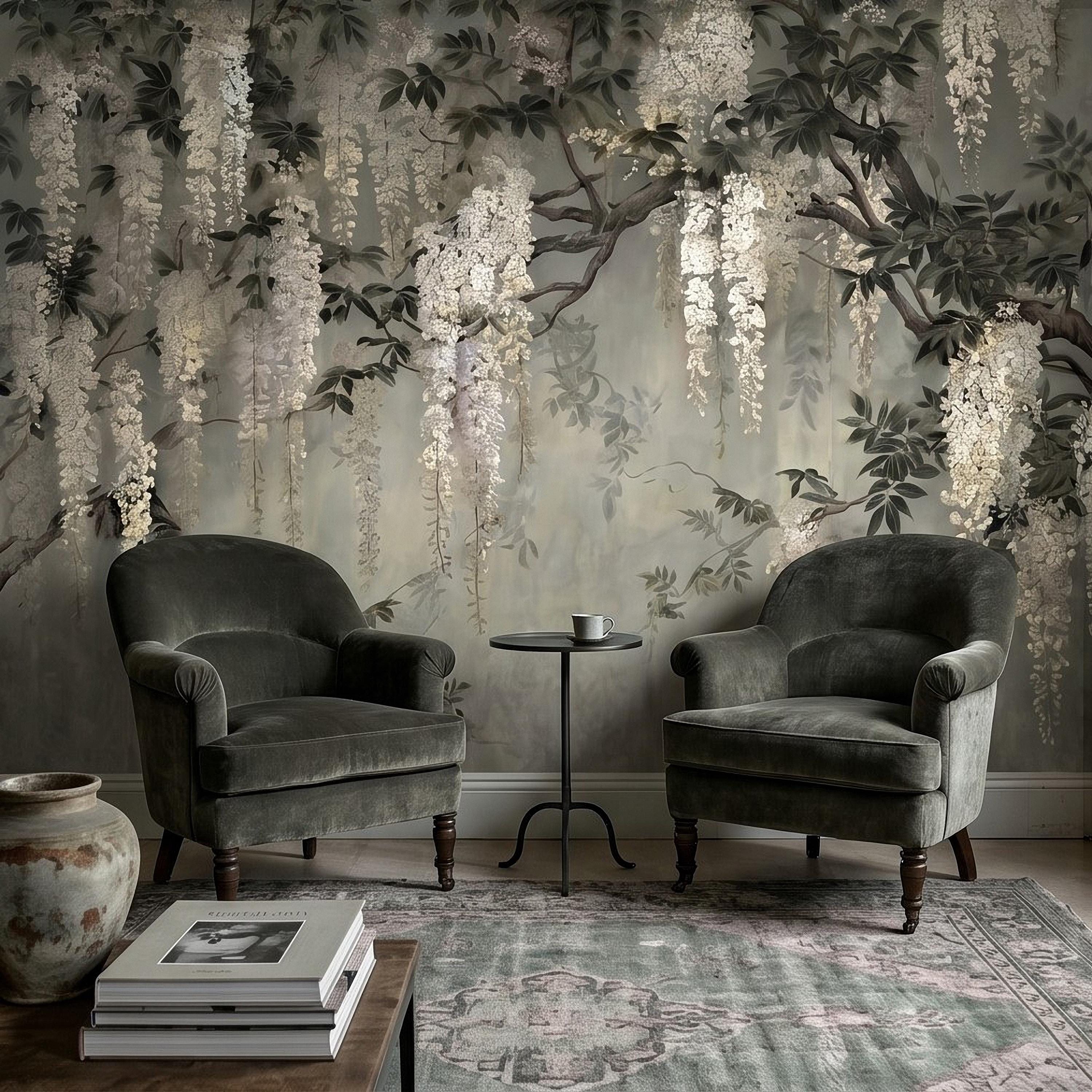 Vintage White Wisteria Peel and Stick Wall Mural, Cascading Floral Vine Branches, Botanical Garden Scene Elegant Wallpaper