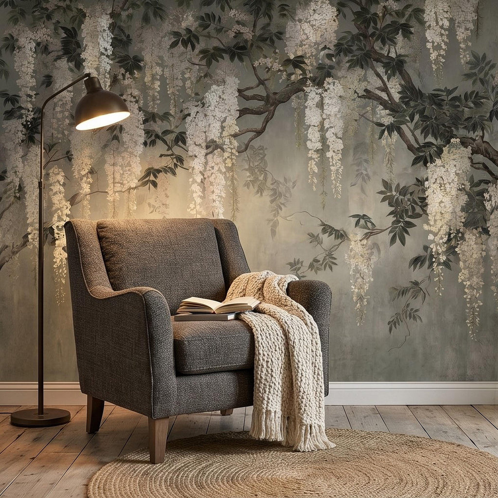 Vintage White Wisteria Peel and Stick Wall Mural, Cascading Floral Vine Branches, Botanical Garden Scene Elegant Wallpaper