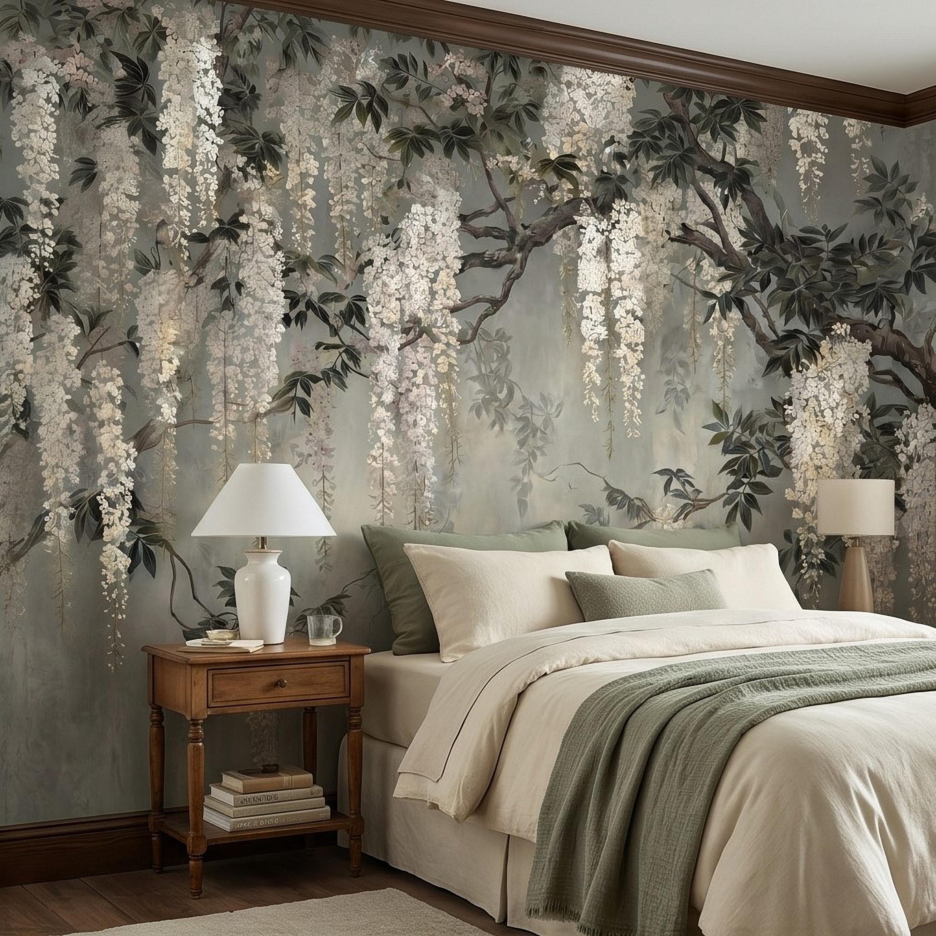 Vintage White Wisteria Peel and Stick Wall Mural, Cascading Floral Vine Branches, Botanical Garden Scene Elegant Wallpaper