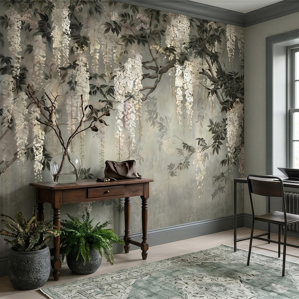 Vintage White Wisteria Peel and Stick Wall Mural, Cascading Floral Vine Branches, Botanical Garden Scene Elegant Wallpaper