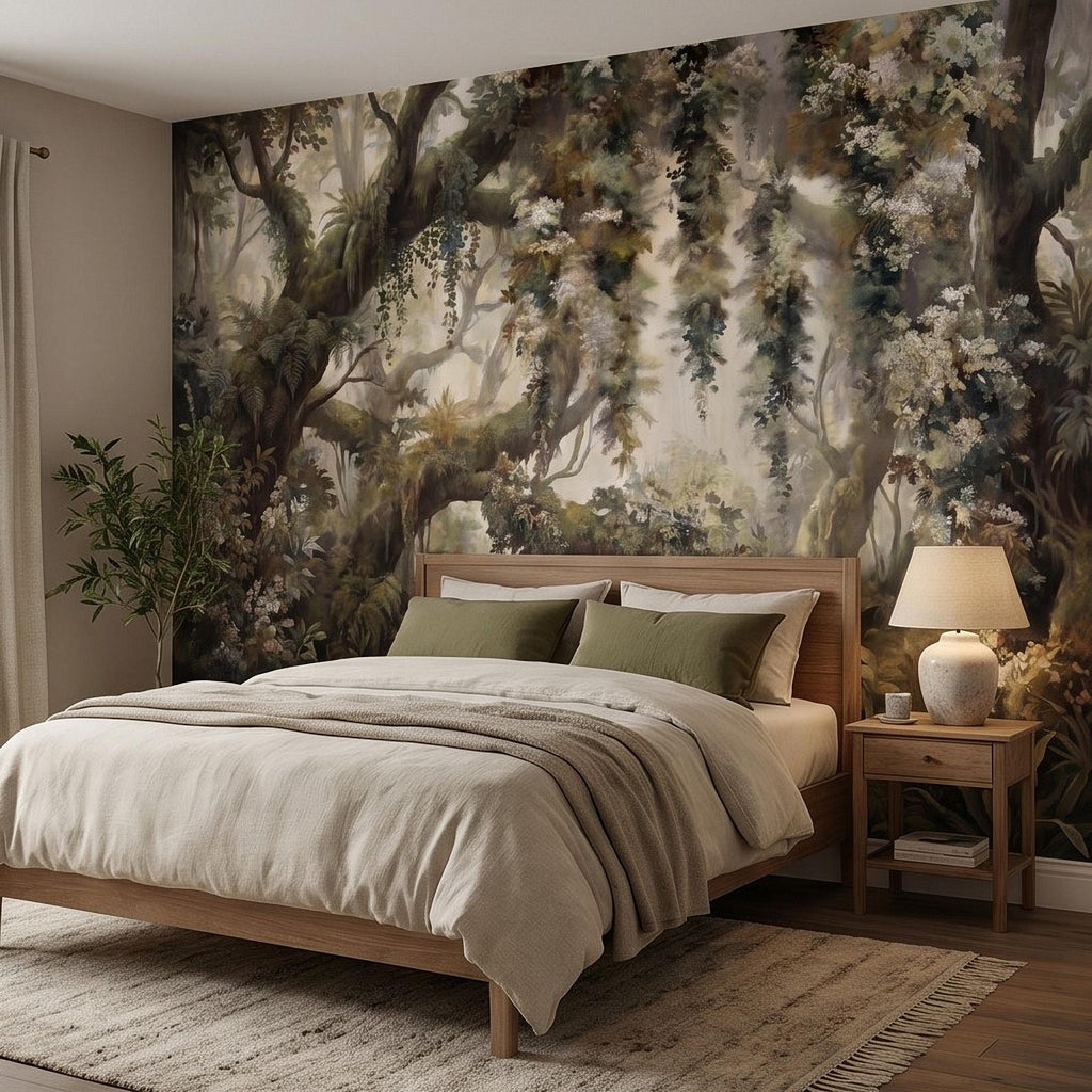 Vintage Forest Peel and Stick Wall Mural, Enchanted Woodland Landscape, Mossy Trees and Wildflowers Botanical Nature Wallpaper