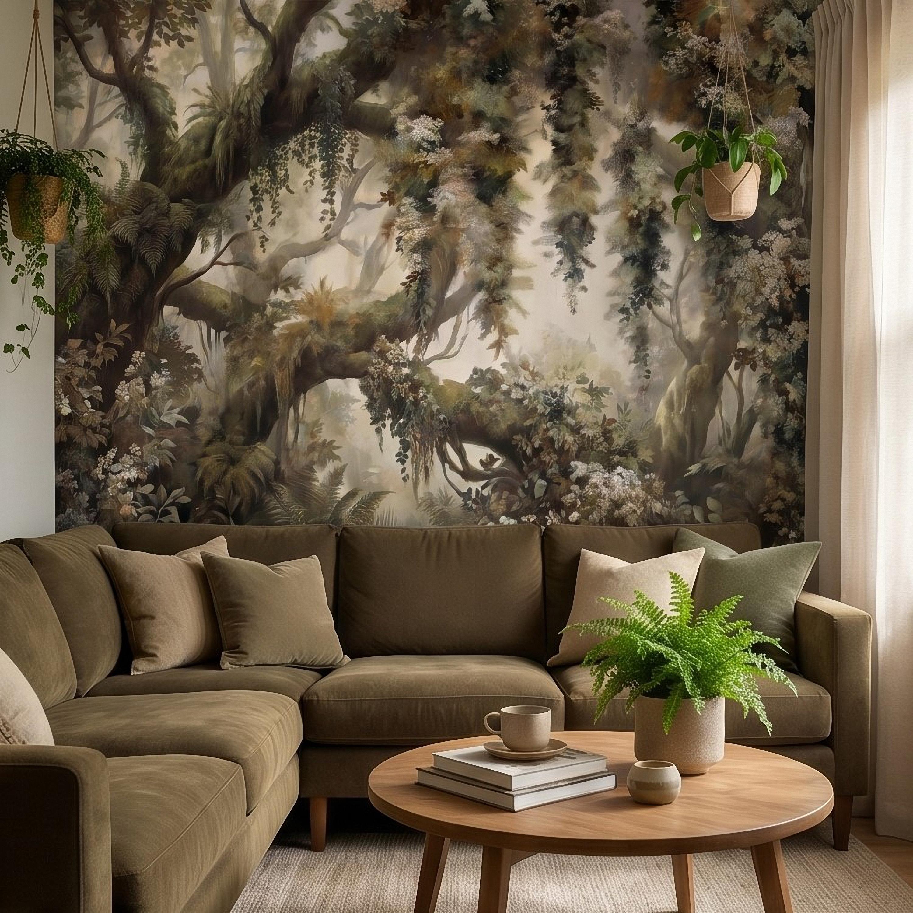 Vintage Forest Peel and Stick Wall Mural, Enchanted Woodland Landscape, Mossy Trees and Wildflowers Botanical Nature Wallpaper