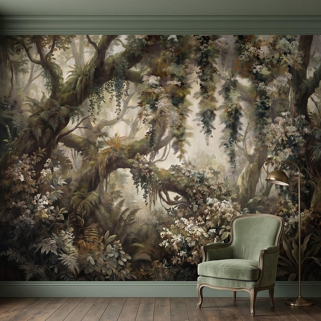 Vintage Forest Peel and Stick Wall Mural, Enchanted Woodland Landscape, Mossy Trees and Wildflowers Botanical Nature Wallpaper