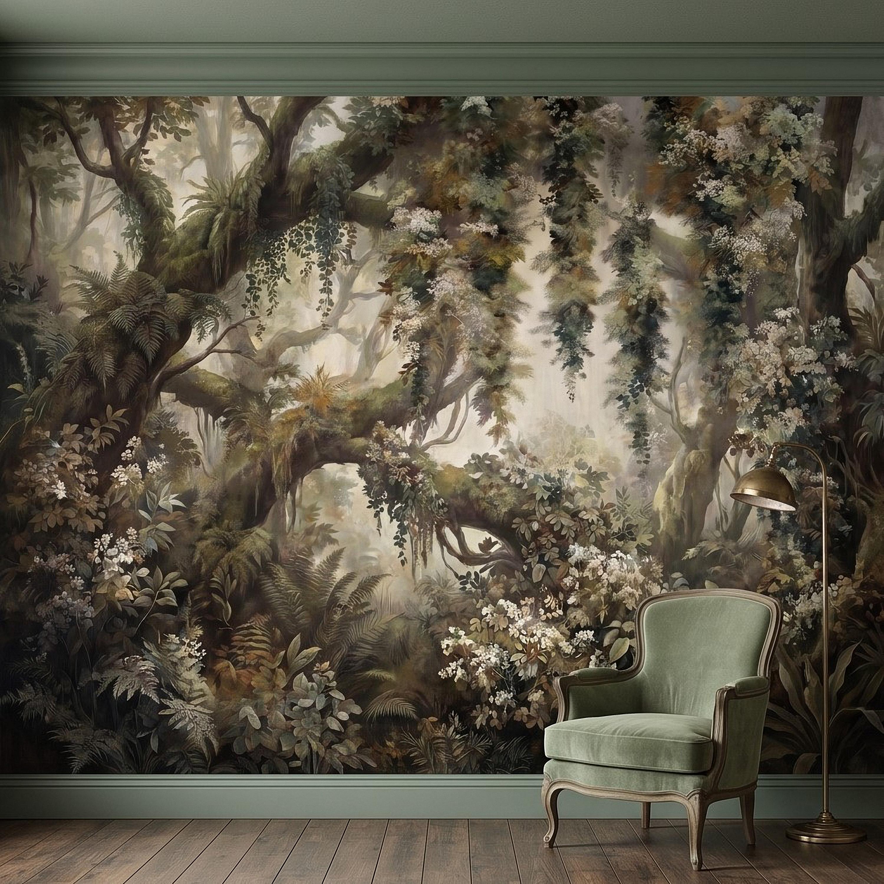 Vintage Forest Peel and Stick Wall Mural, Enchanted Woodland Landscape, Mossy Trees and Wildflowers Botanical Nature Wallpaper