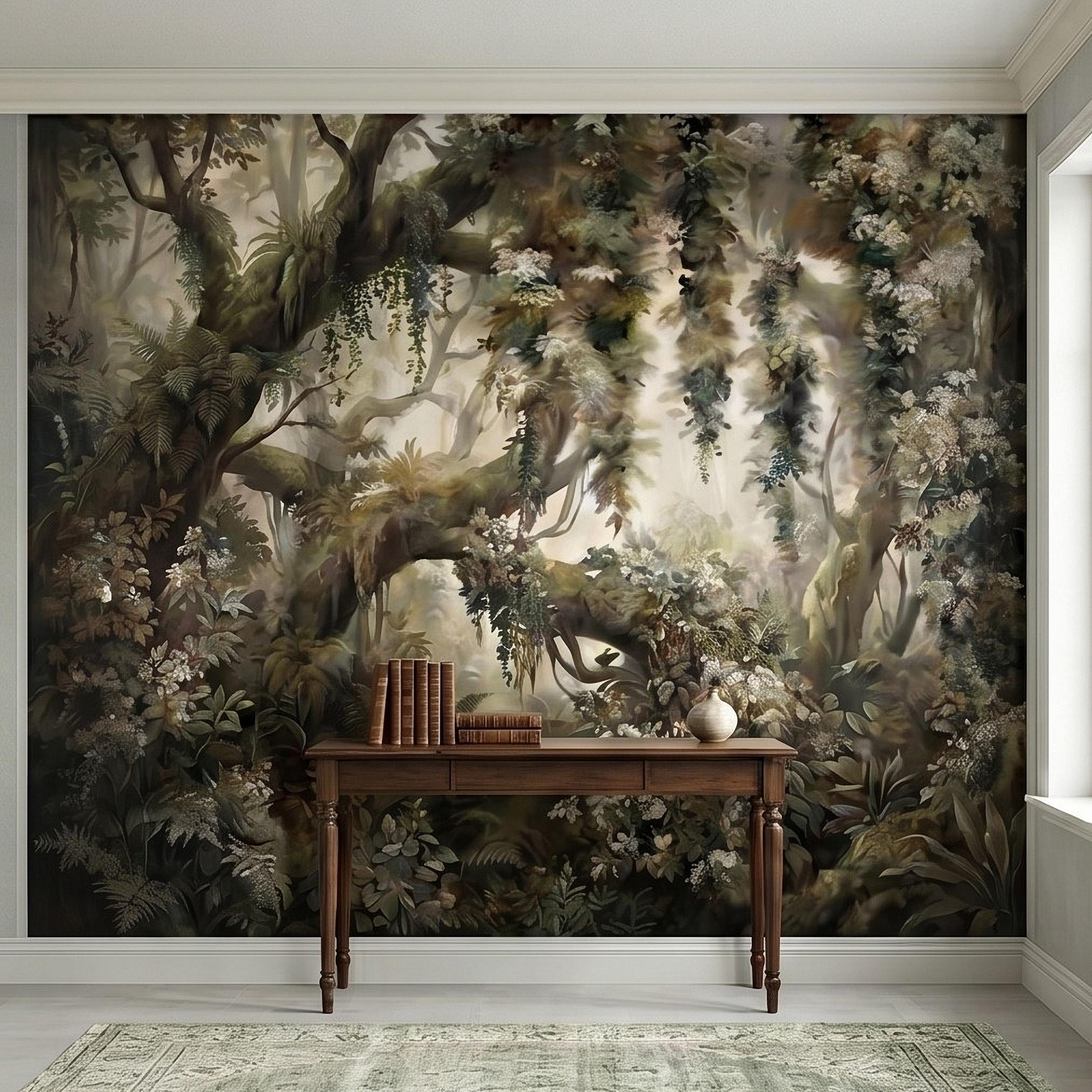 Vintage Forest Peel and Stick Wall Mural, Enchanted Woodland Landscape, Mossy Trees and Wildflowers Botanical Nature Wallpaper
