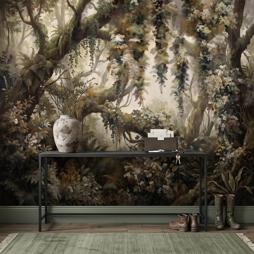 Vintage Forest Peel and Stick Wall Mural, Enchanted Woodland Landscape, Mossy Trees and Wildflowers Botanical Nature Wallpaper