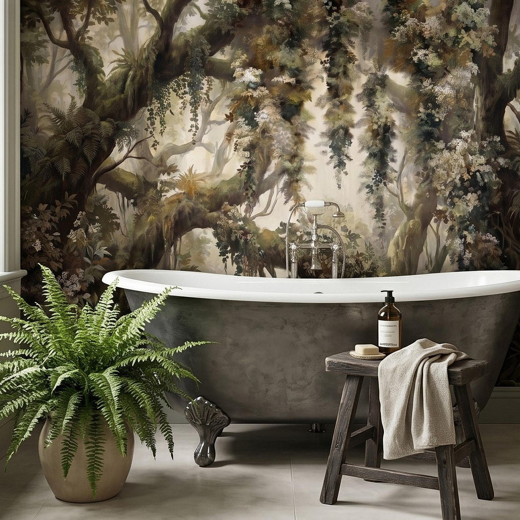 Vintage Forest Peel and Stick Wall Mural, Enchanted Woodland Landscape, Mossy Trees and Wildflowers Botanical Nature Wallpaper