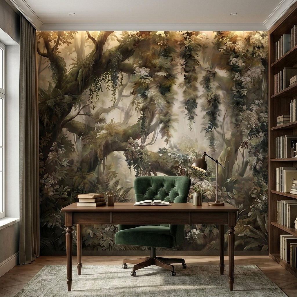 Vintage Forest Peel and Stick Wall Mural, Enchanted Woodland Landscape, Mossy Trees and Wildflowers Botanical Nature Wallpaper