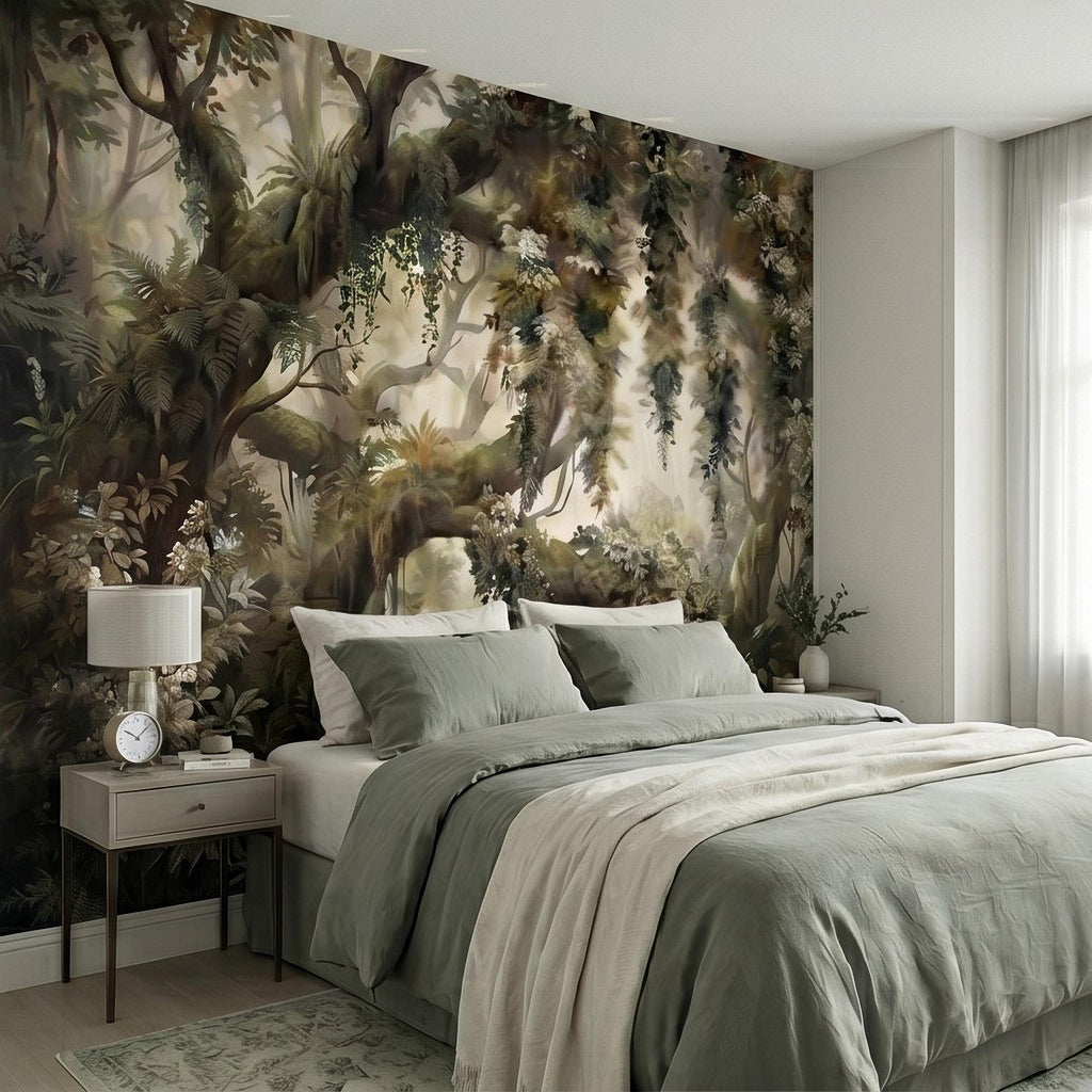 Vintage Forest Peel and Stick Wall Mural, Enchanted Woodland Landscape, Mossy Trees and Wildflowers Botanical Nature Wallpaper