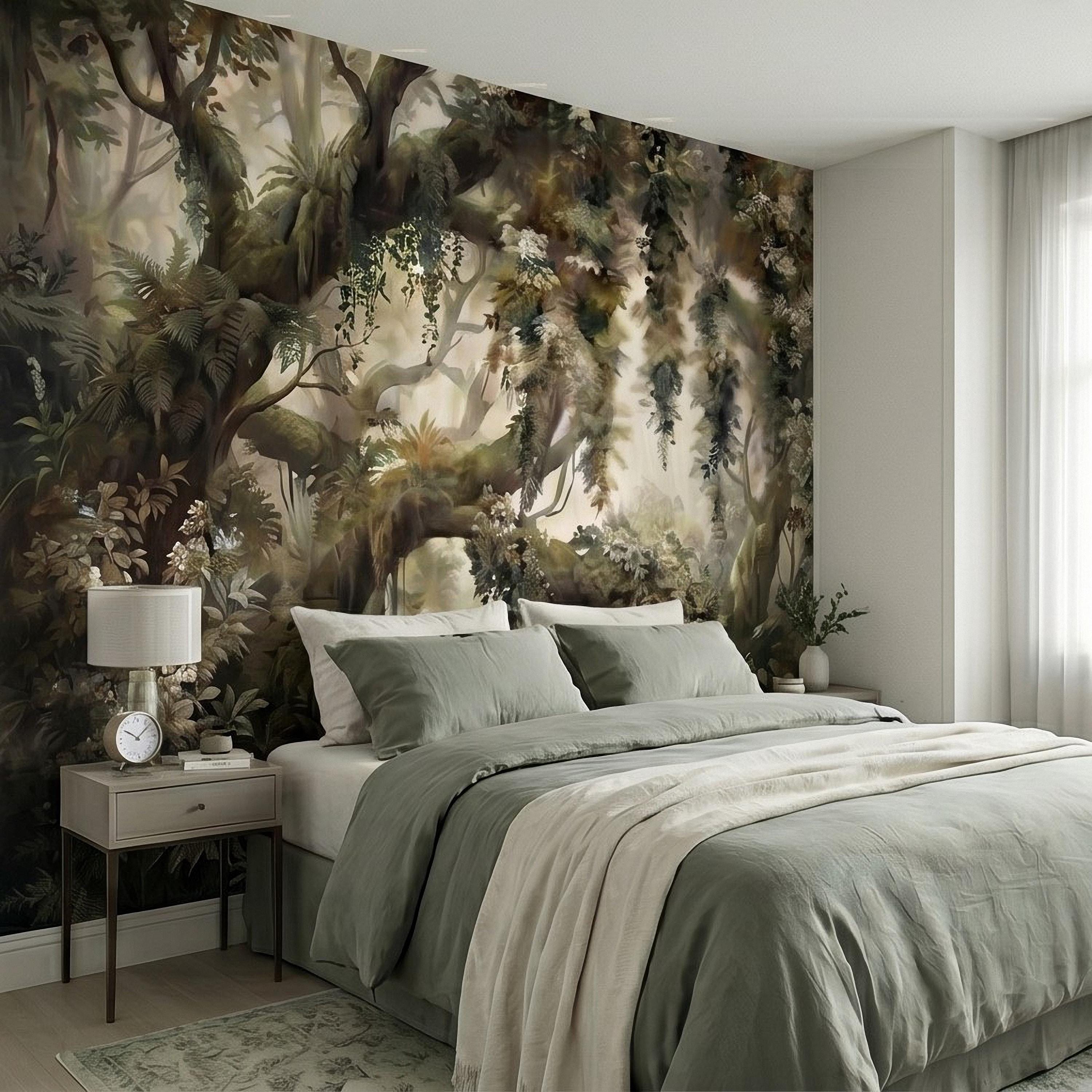 Vintage Forest Peel and Stick Wall Mural, Enchanted Woodland Landscape, Mossy Trees and Wildflowers Botanical Nature Wallpaper