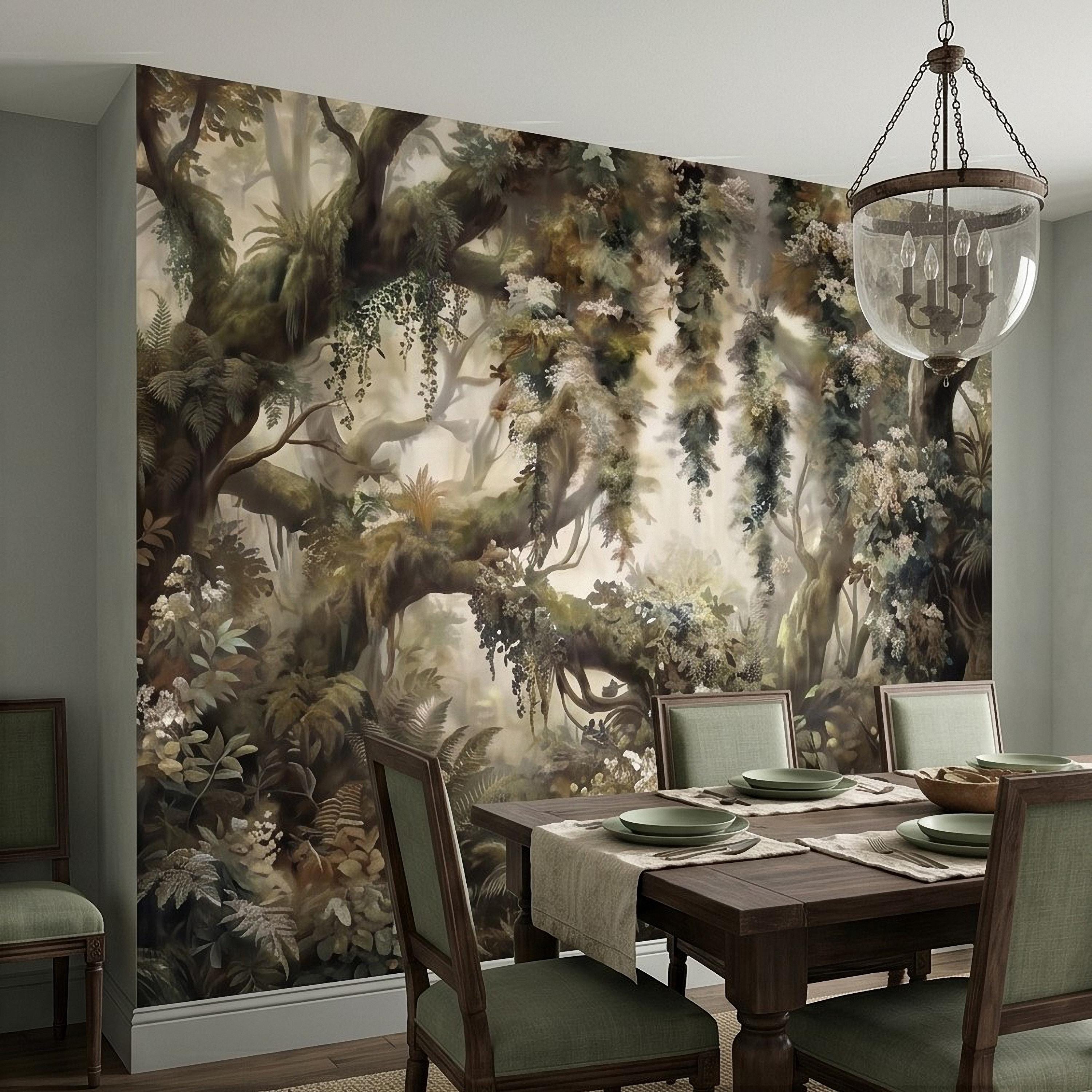 Vintage Forest Peel and Stick Wall Mural, Enchanted Woodland Landscape, Mossy Trees and Wildflowers Botanical Nature Wallpaper