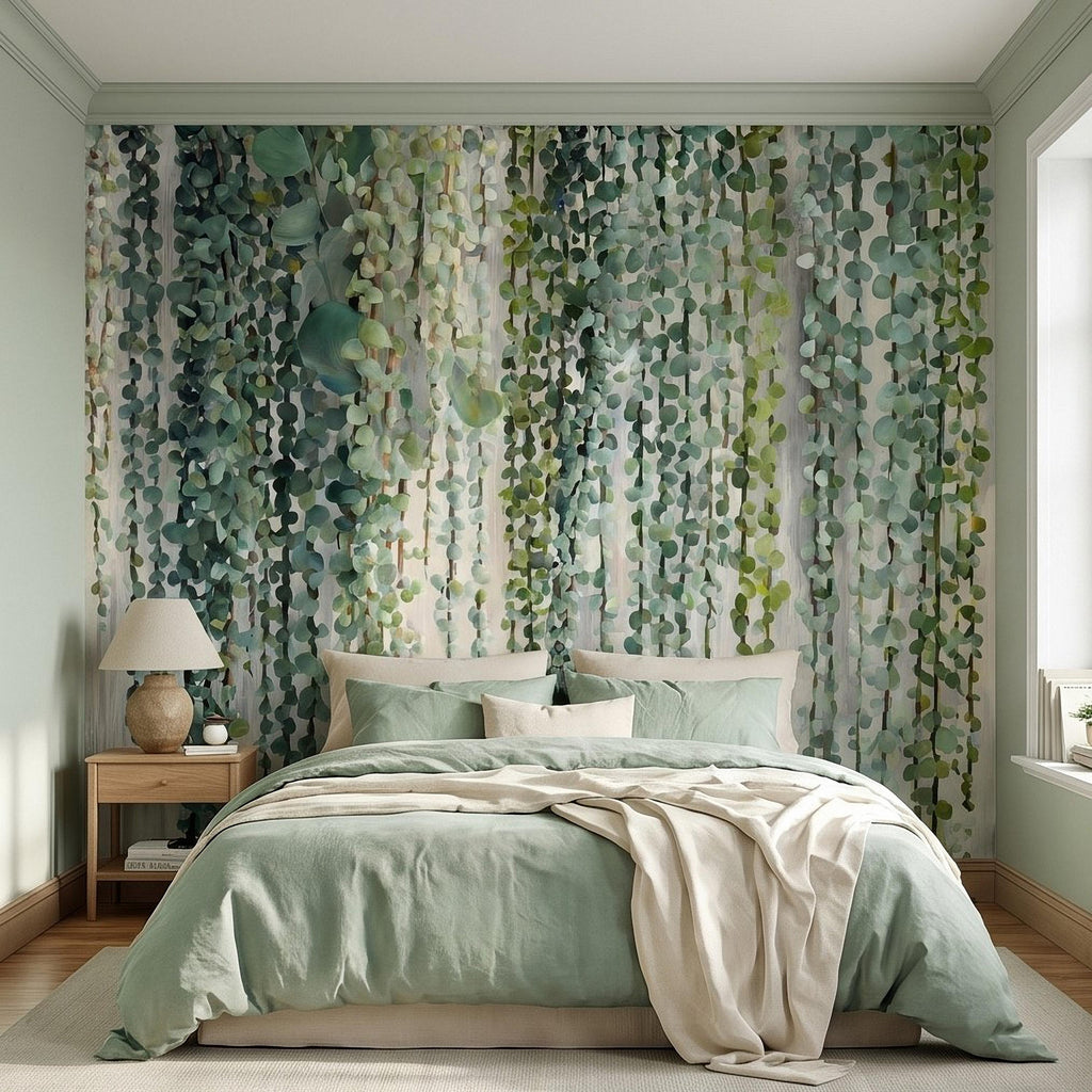 Eucalyptus Vine Peel and Stick Wall Mural, Cascading Greenery Leaves, Hanging Botanical Garden Scene Sage Green Wallpaper