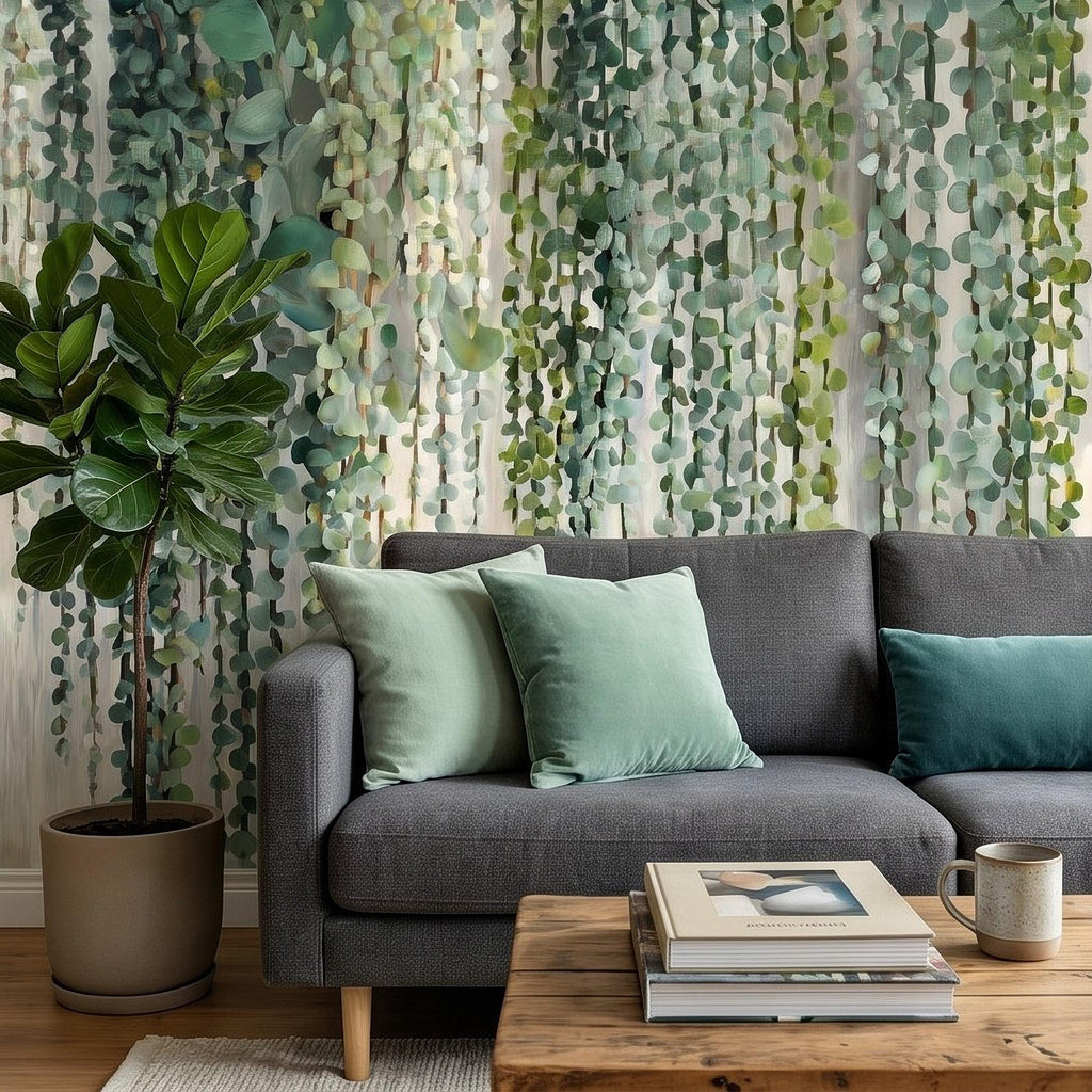 Eucalyptus Vine Peel and Stick Wall Mural, Cascading Greenery Leaves, Hanging Botanical Garden Scene Sage Green Wallpaper