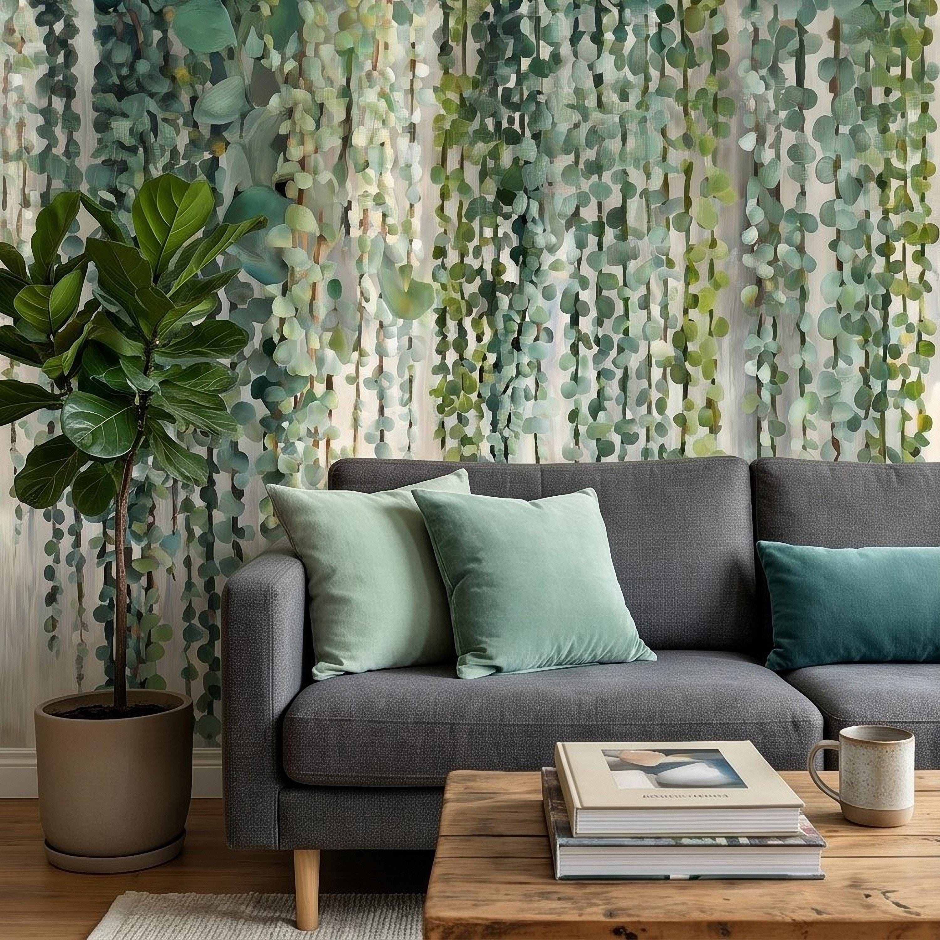 Eucalyptus Vine Peel and Stick Wall Mural, Cascading Greenery Leaves, Hanging Botanical Garden Scene Sage Green Wallpaper