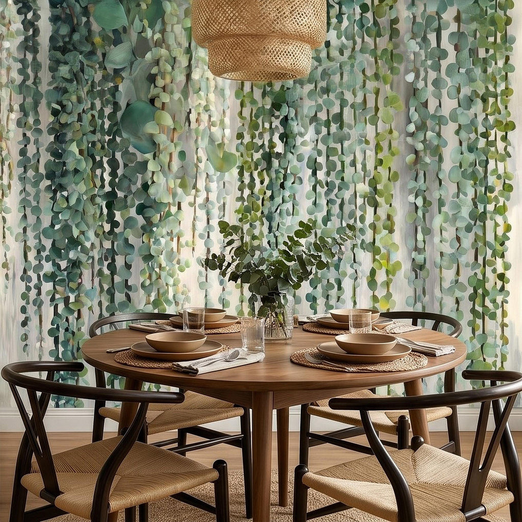 Eucalyptus Vine Peel and Stick Wall Mural, Cascading Greenery Leaves, Hanging Botanical Garden Scene Sage Green Wallpaper